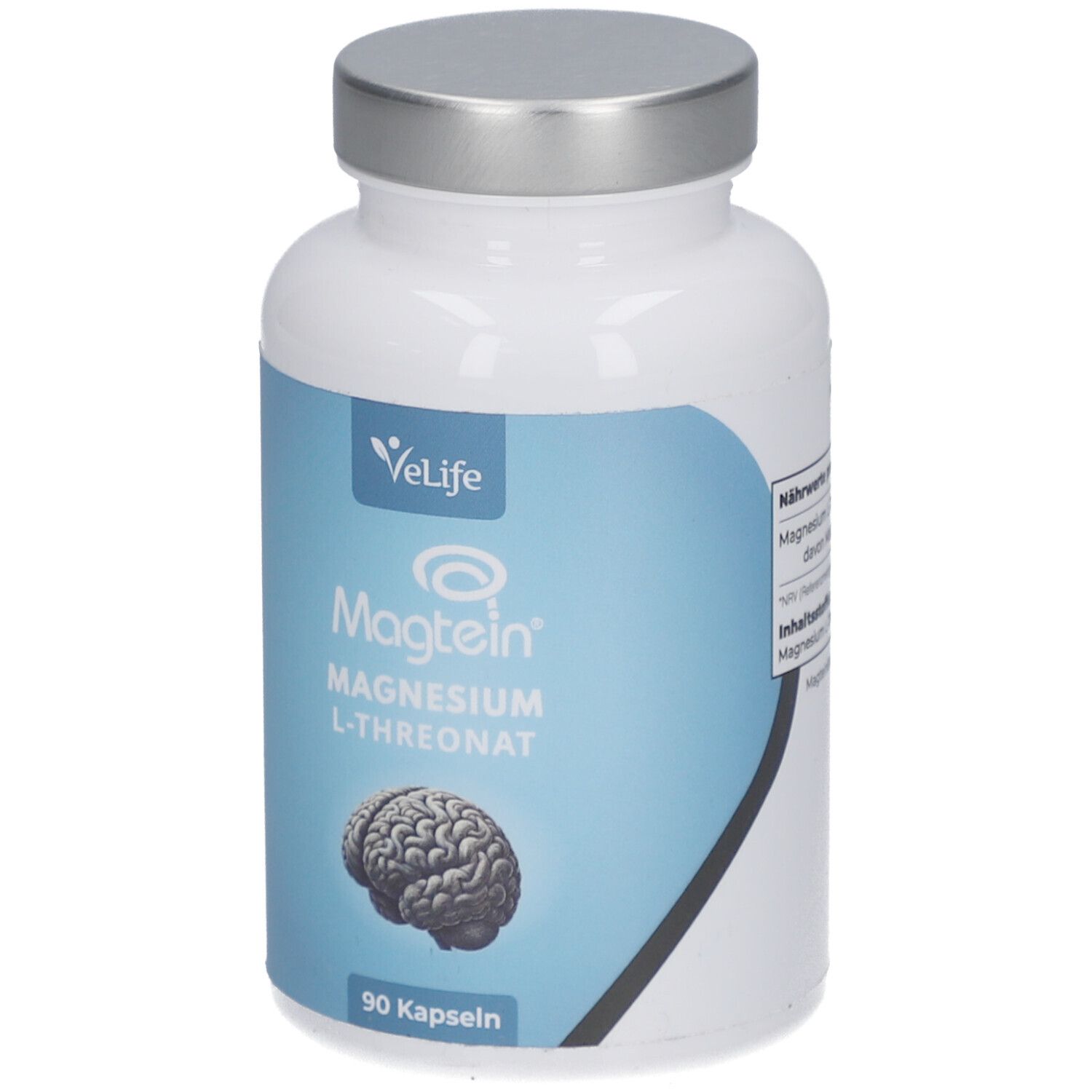 Weiße Flasche mit blauem Etikett. Aufschrift: VeLife, Magtein Magnesium L-Threonat, 90 Kapseln. Abbildung eines Gehirns.
