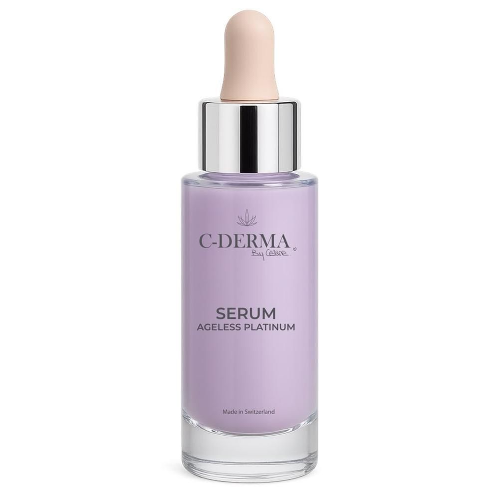 C-DERMA Serum Ageless Platinum in Glasflasche mit Pipette. Lila Serum.