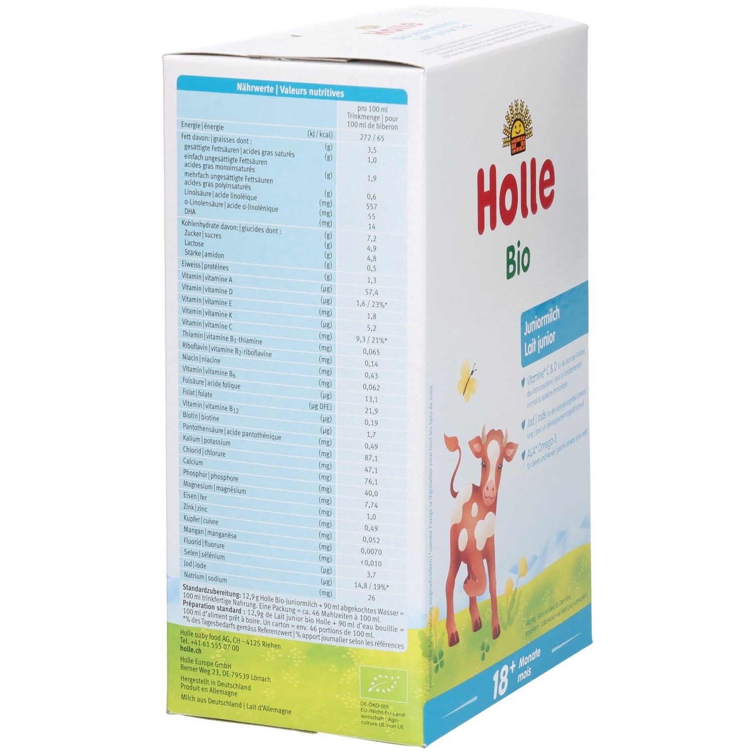 Rückseite der Holle Bio Junior Milch Packung mit Nährwertangaben und Zutatenliste.