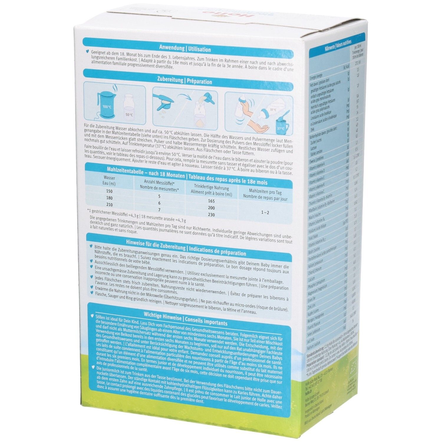Seitenansicht der Holle Bio Junior Milch Packung mit Zubereitungshinweisen und wichtigen Hinweisen.