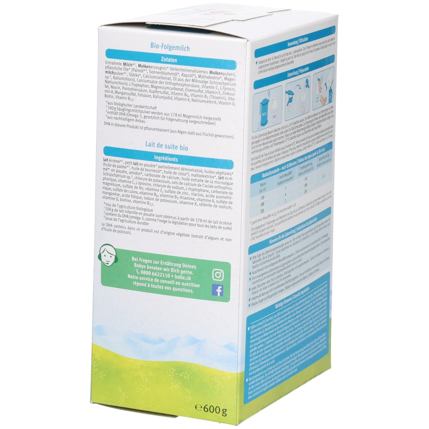 Seitenansicht der Holle Bio Junior Milch Packung mit Zutatenliste und Kontaktinformationen.