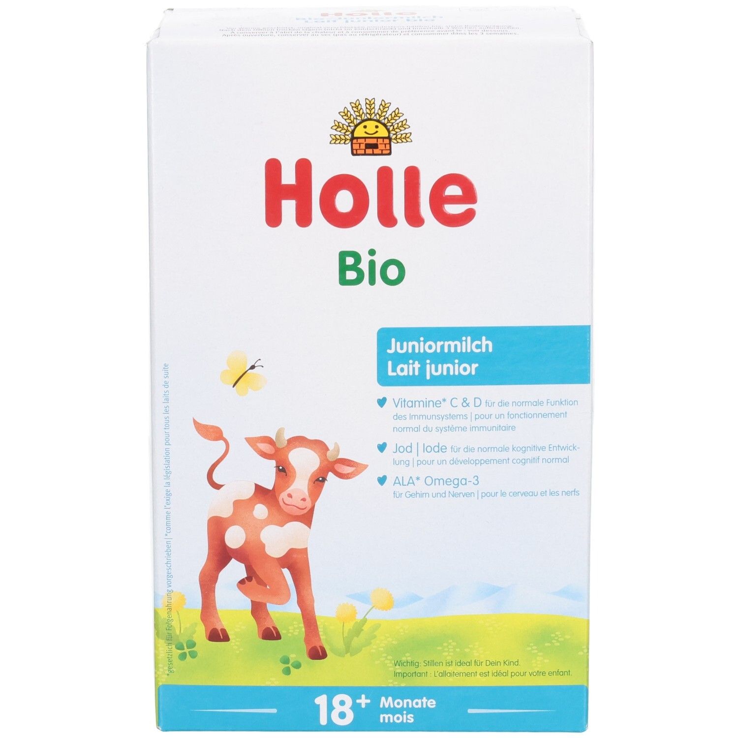 Holle Bio Junior Milch Packung mit Kuh-Illustration und "18+ Monate" Kennzeichnung.