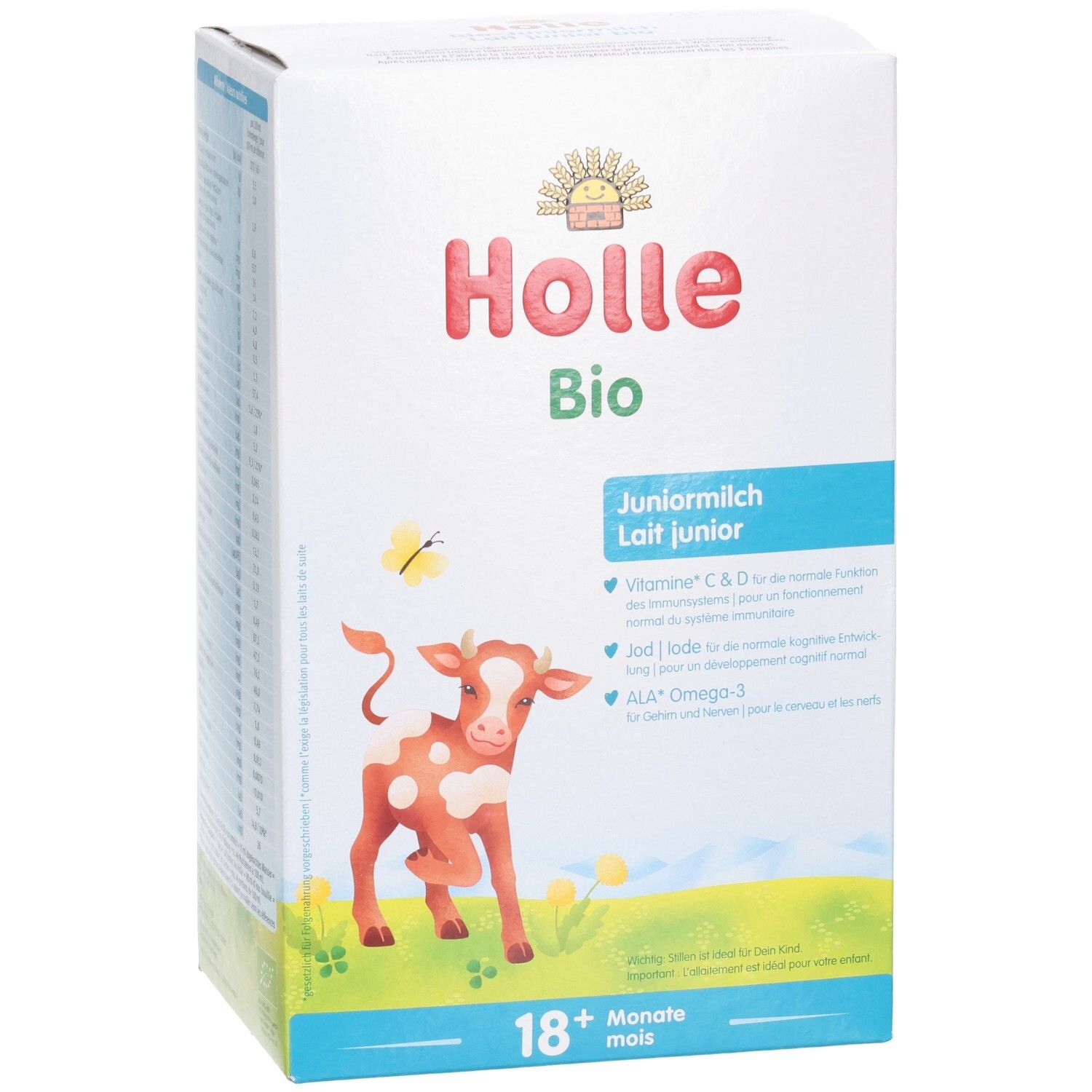 Holle Bio Junior Milch Packung mit Kuh-Illustration und "18+ Monate" Kennzeichnung.