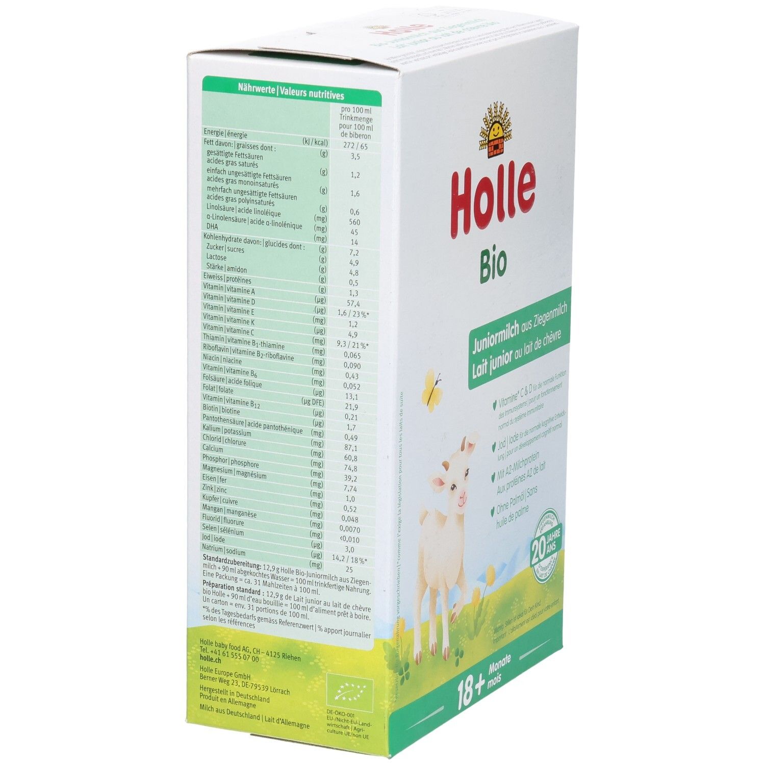 Rückseite der Holle Bio-Kindermilch aus Ziegenmilch Packung mit Nährwertangaben und Bio-Siegel.