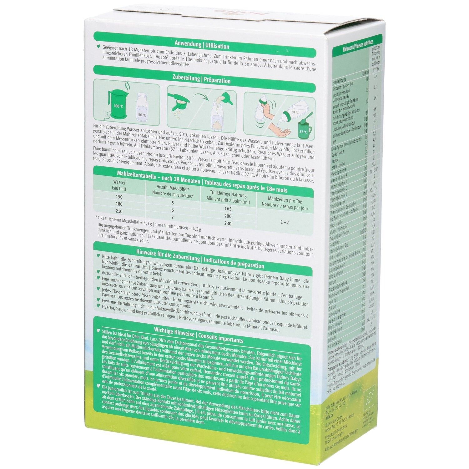 Rückseite der Holle Bio-Kindermilch aus Ziegenmilch Packung mit Zubereitungsanleitung und wichtigen Hinweisen.