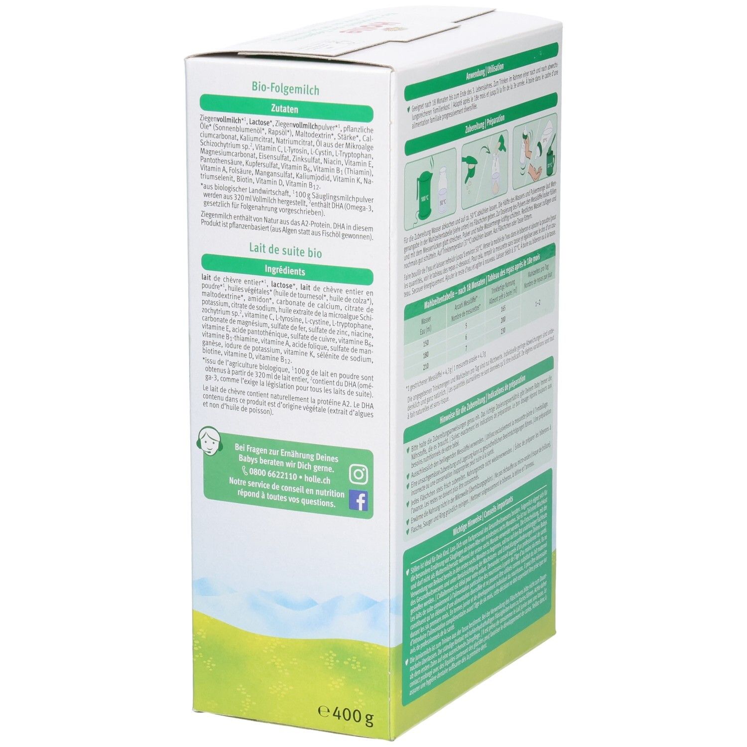 Seitenansicht der Holle Bio-Kindermilch aus Ziegenmilch Packung mit Zutatenliste und Bio-Siegel.