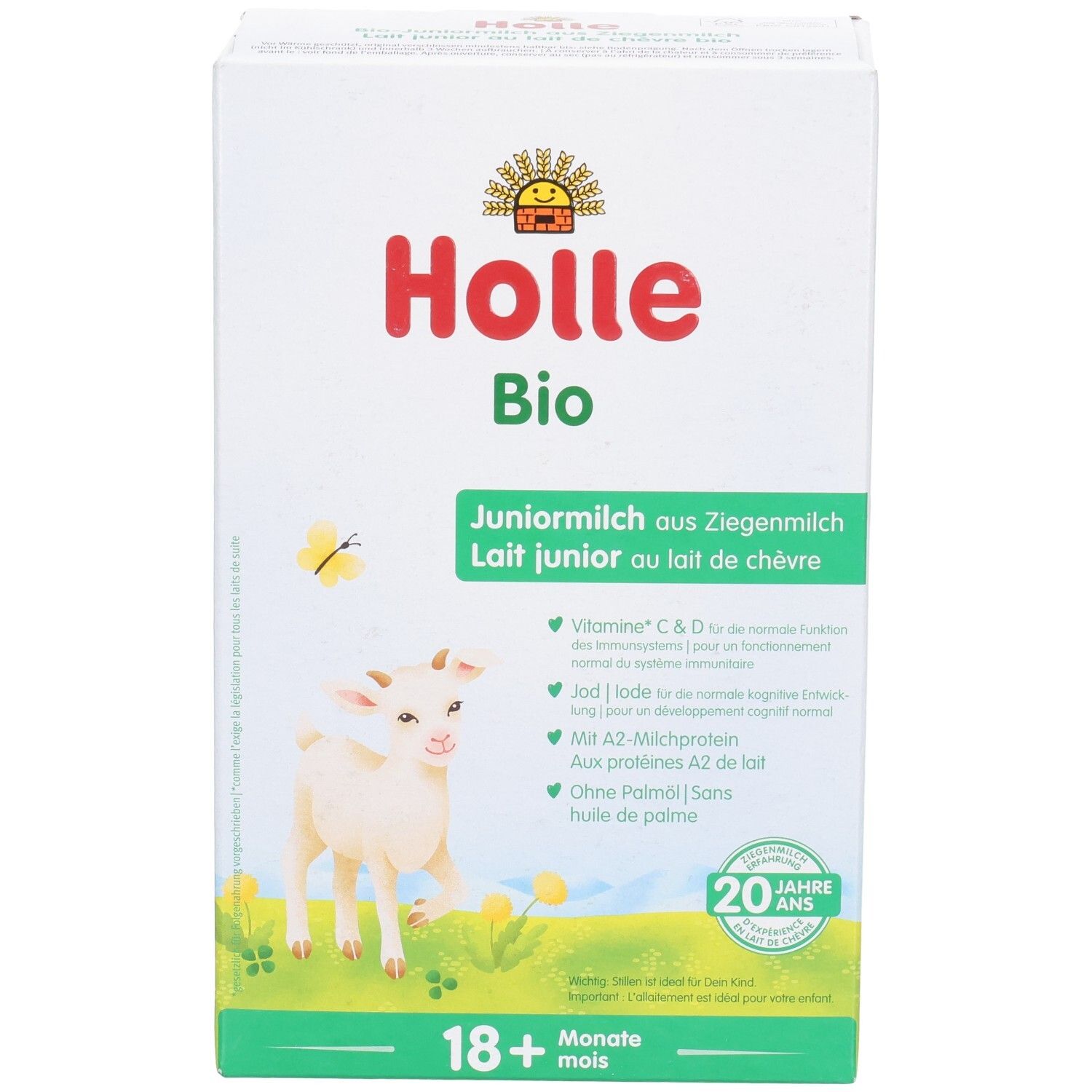 Vorderseite der Holle Bio-Kindermilch aus Ziegenmilch Packung mit Ziegenmotiv und Altersangabe 18+ Monate.
