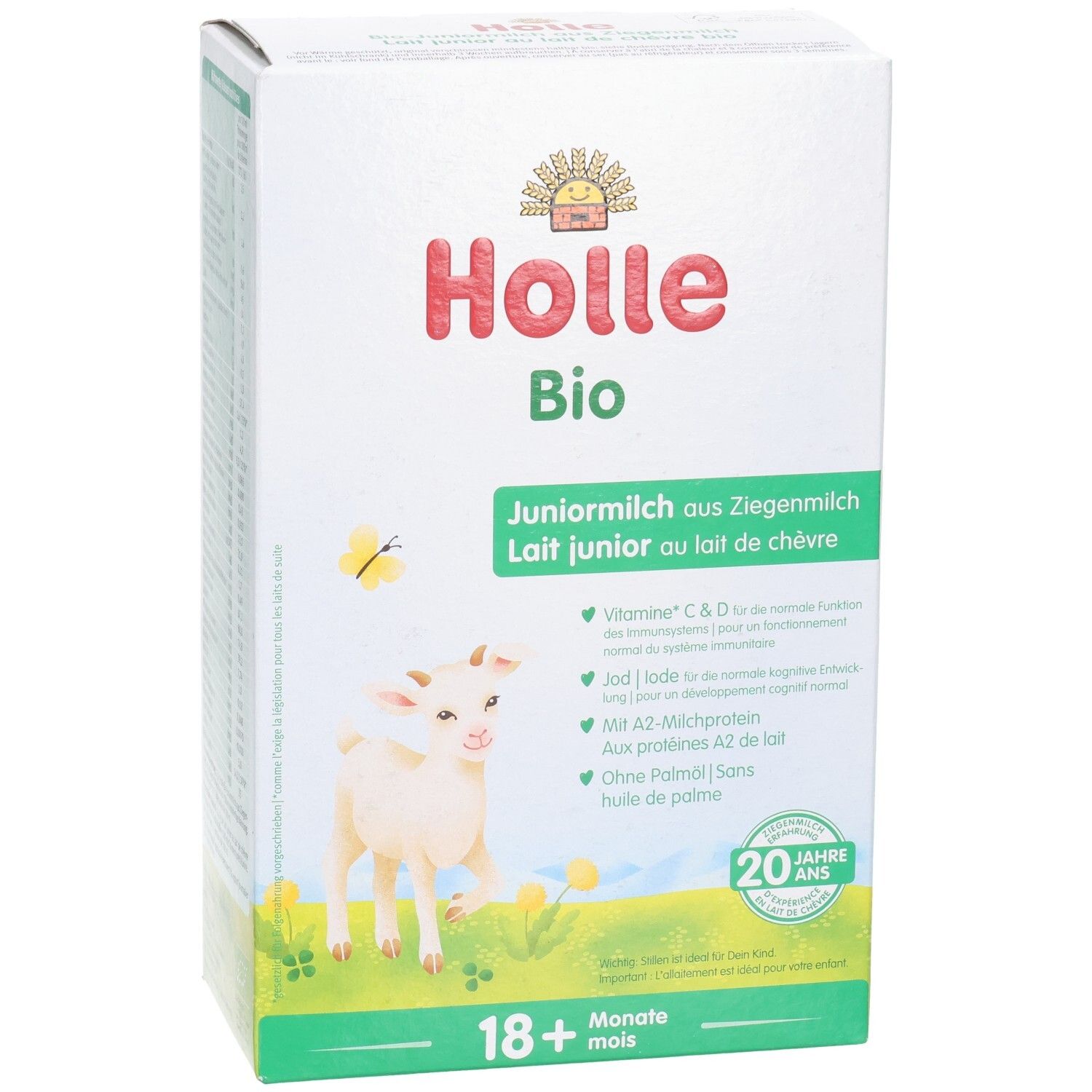 Holle Bio-Kindermilch aus Ziegenmilch, 400g Packung mit Ziegenmotiv und Altersangabe 18+ Monate.