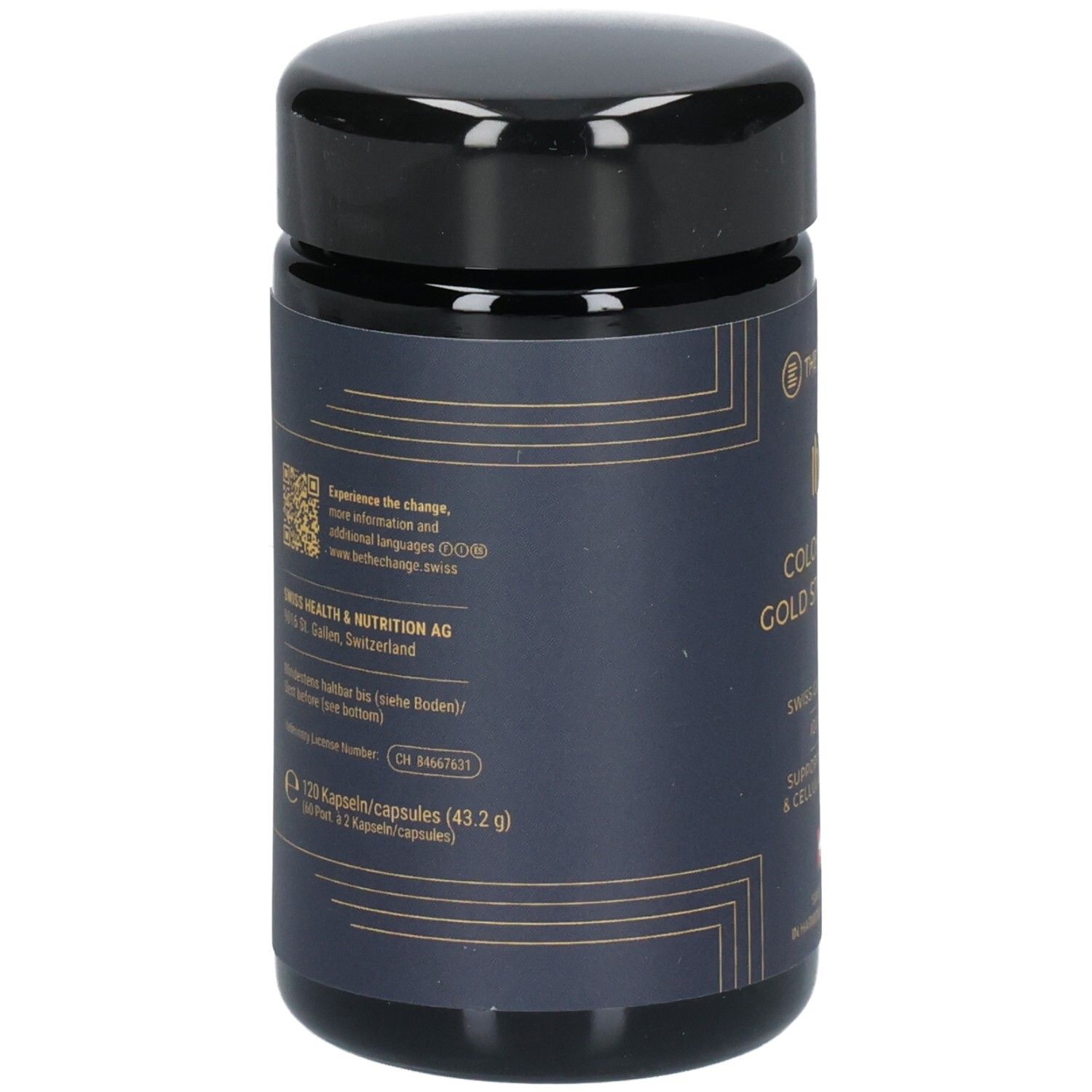 Rückseite des Glases mit THE CHANGE Colostrum Gold Standard, Informationen zu Inhaltsstoffen und QR-Code.
