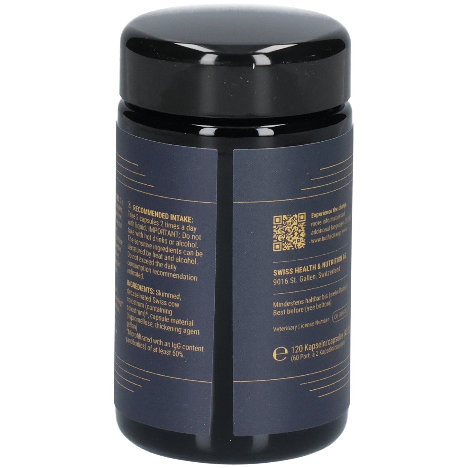 Seite des Glases mit Anwendungshinweisen und Inhaltsstoffen für THE CHANGE Colostrum Gold Standard.