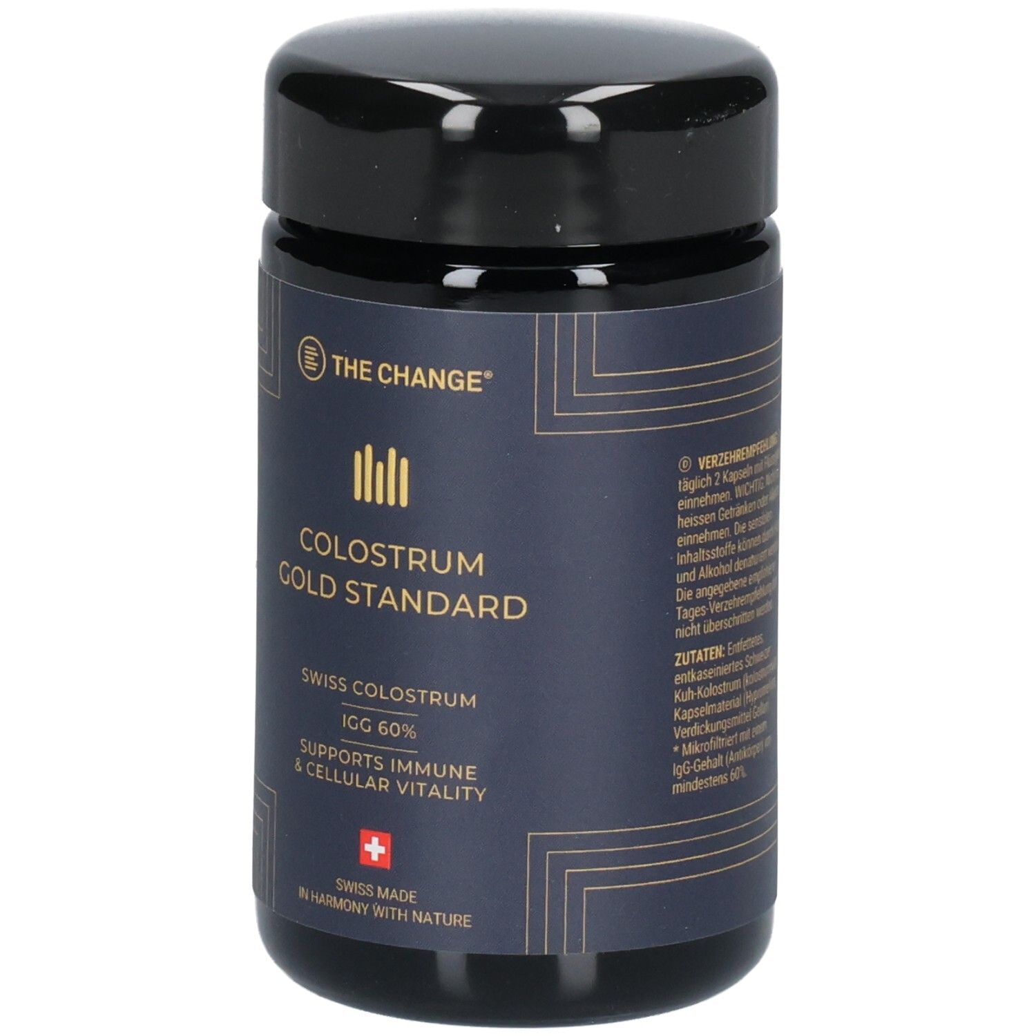 Vorderseite des Glases mit THE CHANGE Colostrum Gold Standard, Swiss Colostrum ICG 60%.