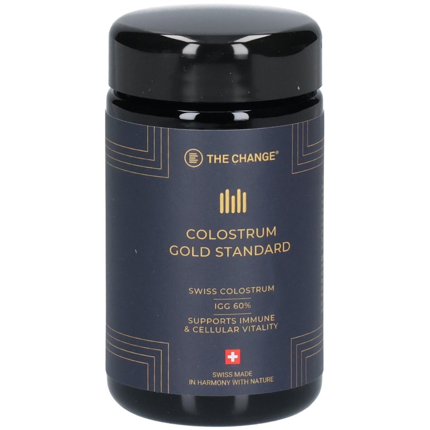 Seitenansicht des Glases mit THE CHANGE Colostrum Gold Standard, Swiss Colostrum ICG 60%.