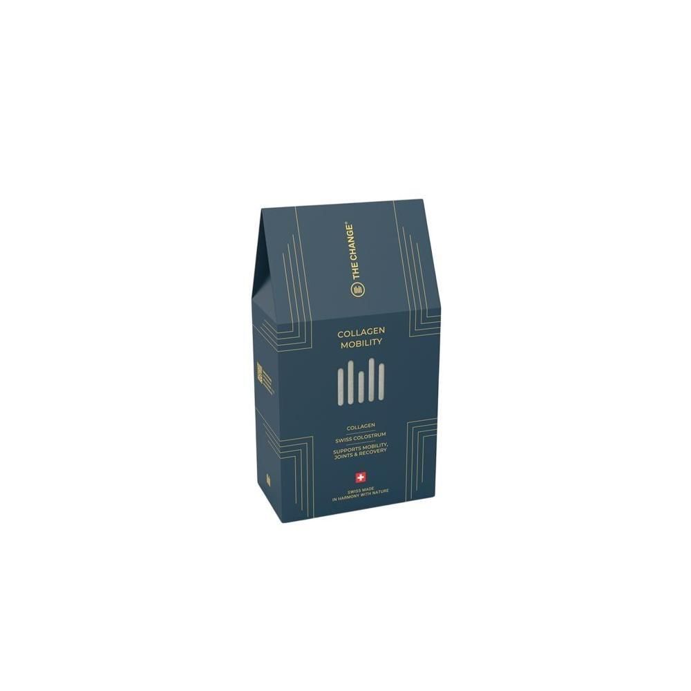 Dunkelblaue Verpackung mit goldenen Linien und Text. Enthält "THE CHANGE COLLAGEN MOBILITY".