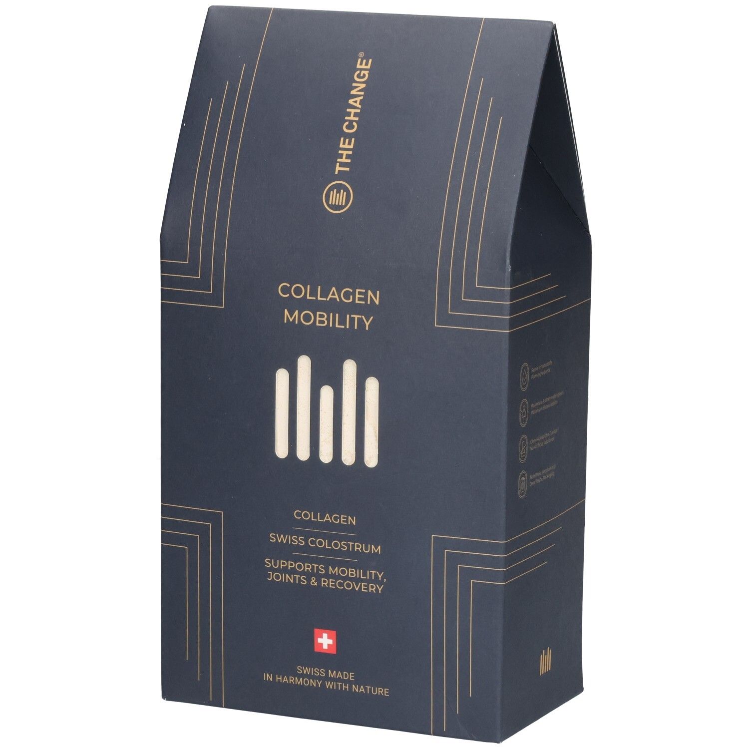 Dunkelblaue Verpackung mit goldenen Linien. "COLLAGEN MOBILITY" und "SWISS MADE" sind sichtbar.