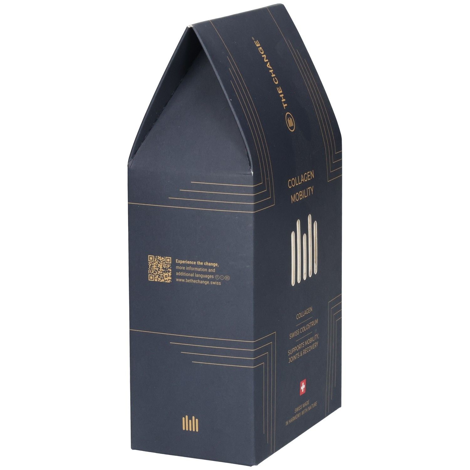 Seitenansicht der dunkelblauen Verpackung mit goldenen geometrischen Mustern und QR-Code.