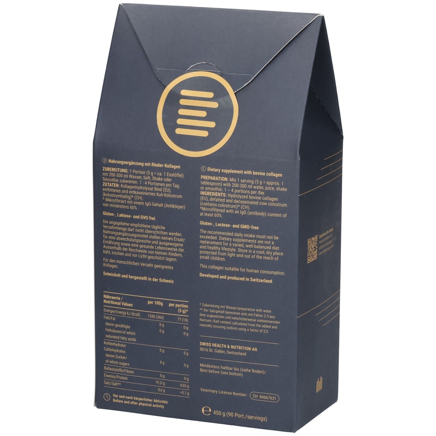 Rückseite der dunkelblauen Verpackung mit Nährwertangaben und Produktinformationen.