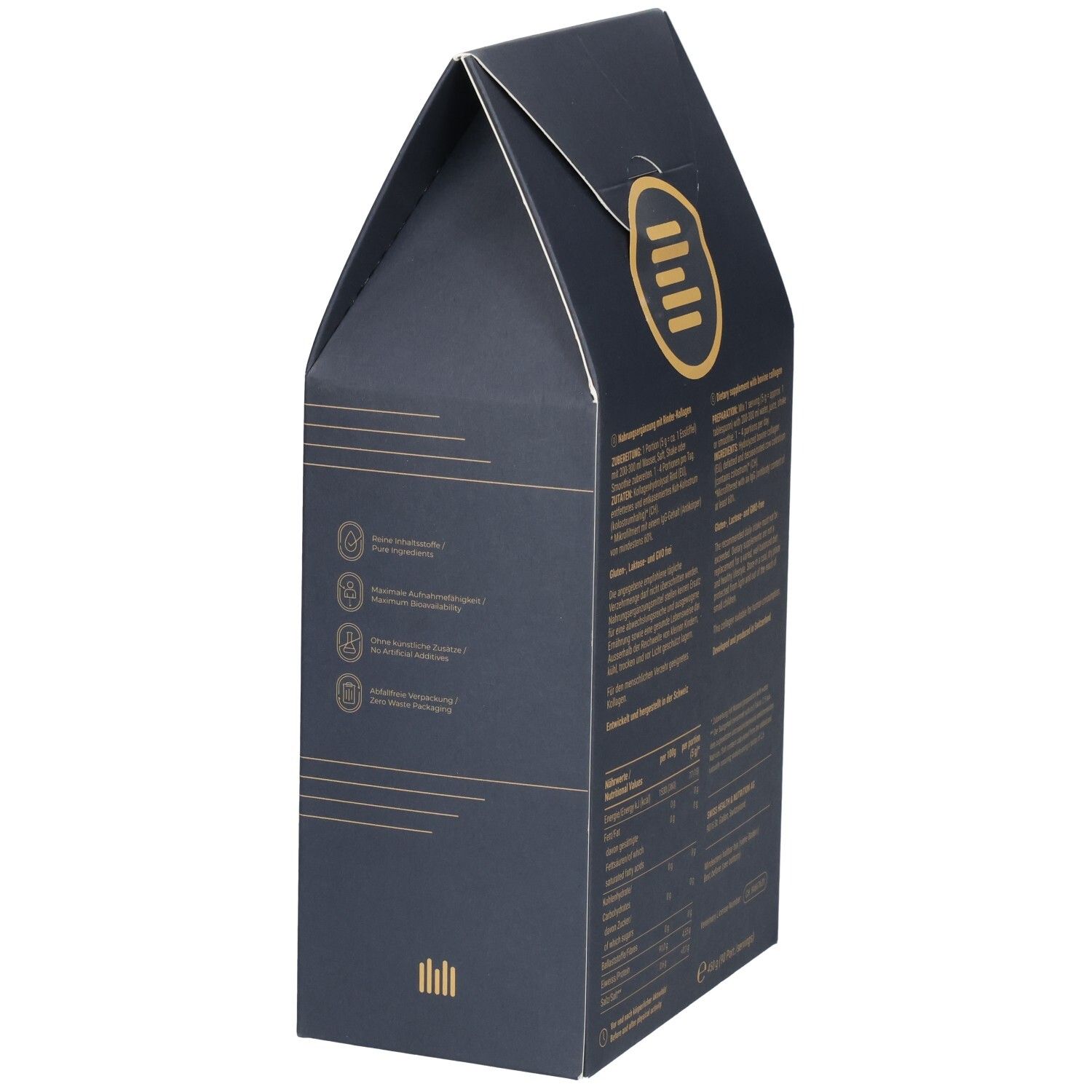 Seitenansicht der dunkelblauen Verpackung mit goldenen Linien und Symbolen, Produktinformationen.