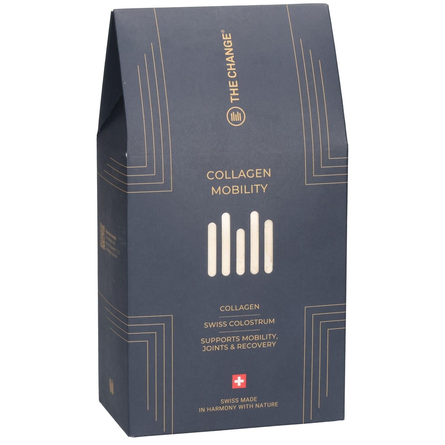 Dunkelblaue Verpackung mit goldenen Linien. "COLLAGEN MOBILITY" und "SWISS MADE" sind sichtbar.