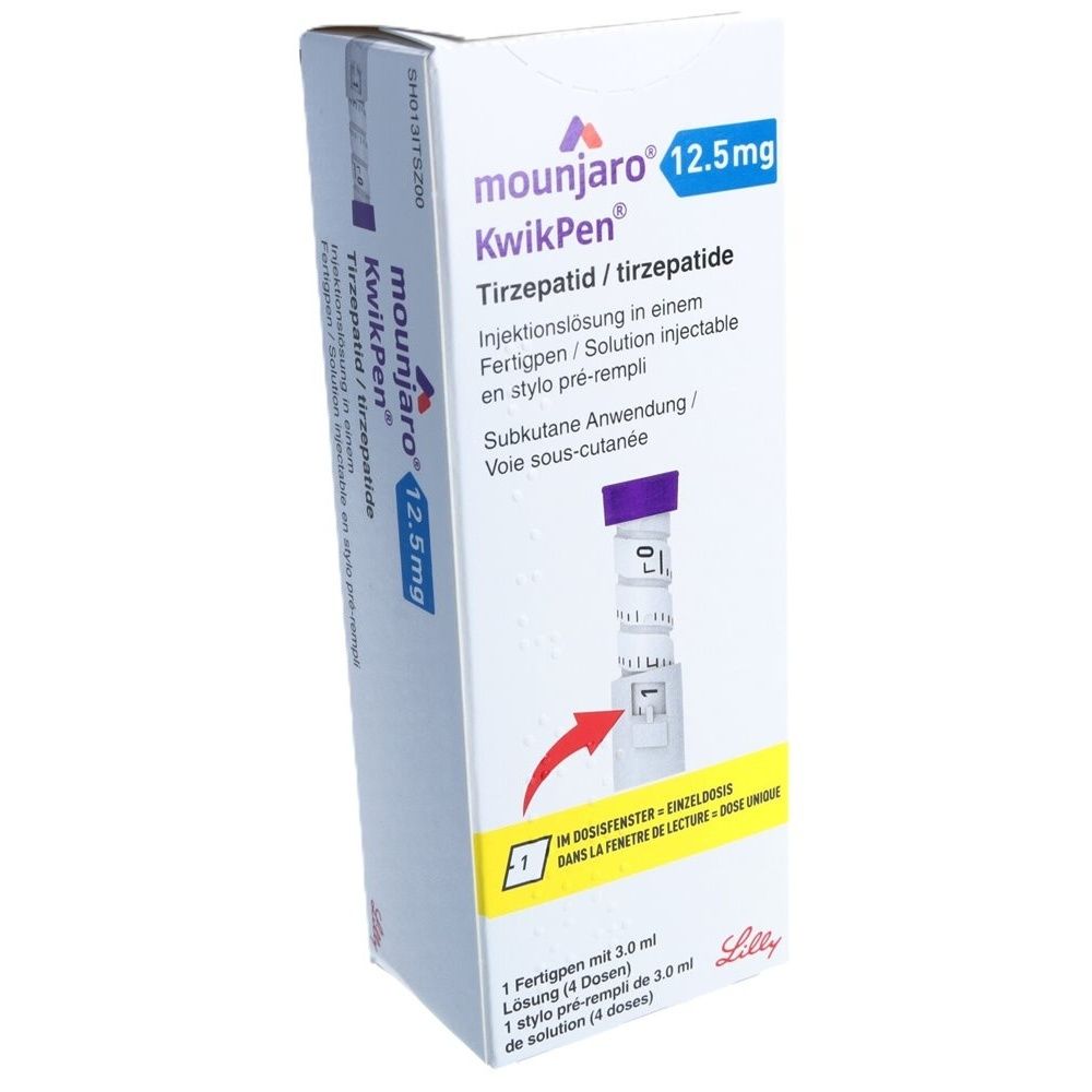 Verpackung von Mounjaro KwikPen. Aufschrift: 12,5 mg, Tirzepatid. Fertigpen mit Injektionslösung. Subkutane Anwendung.