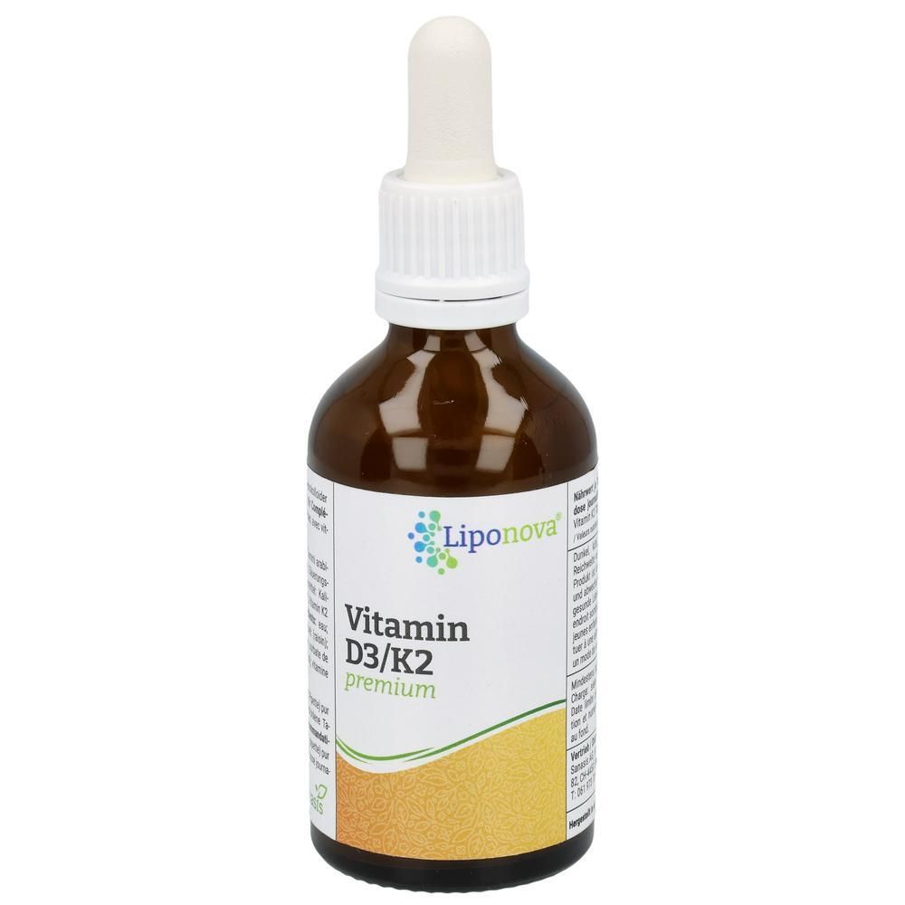 Braune Glasflasche mit Pipette. Aufschrift: Vitamin D3/K2 premium. Logo: Liponova. Etikett mit gelbem Farbverlauf.