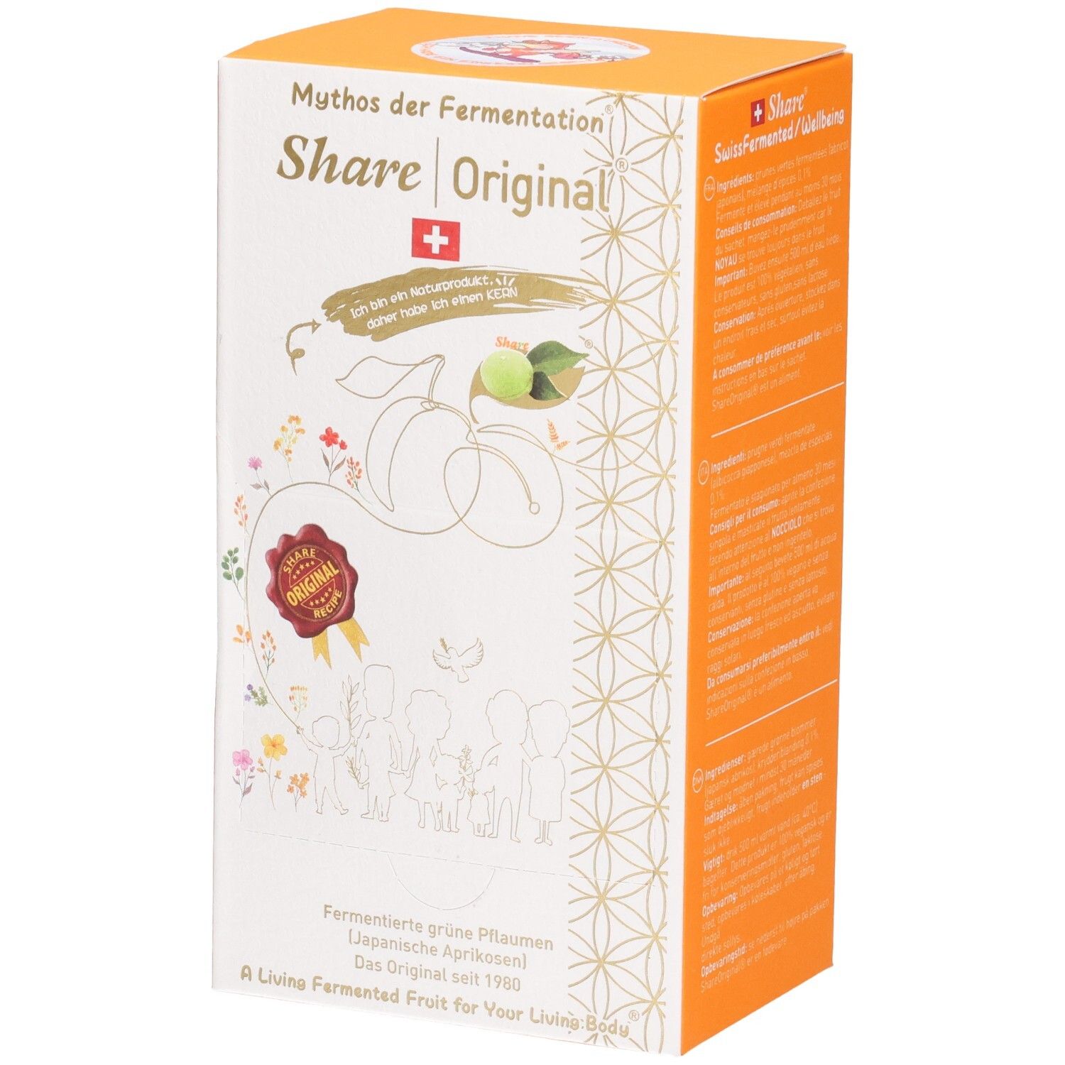 Verpackung von Share Original fermentierten Pflaumen, mit Abbildung von Pflaumen und Blumen.