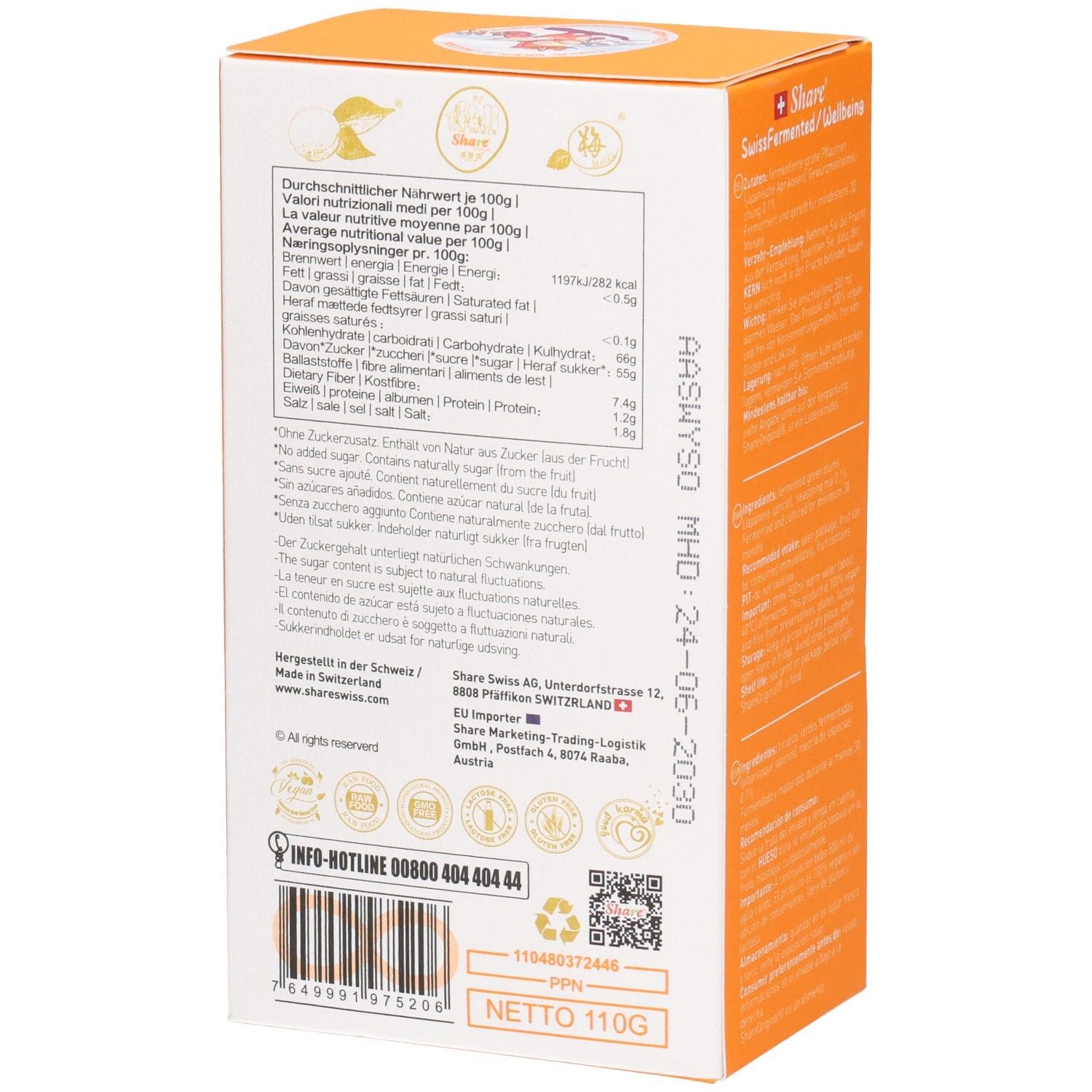 Seitenansicht der Share Original Verpackung mit Nährwerttabelle und Herkunftsangaben.