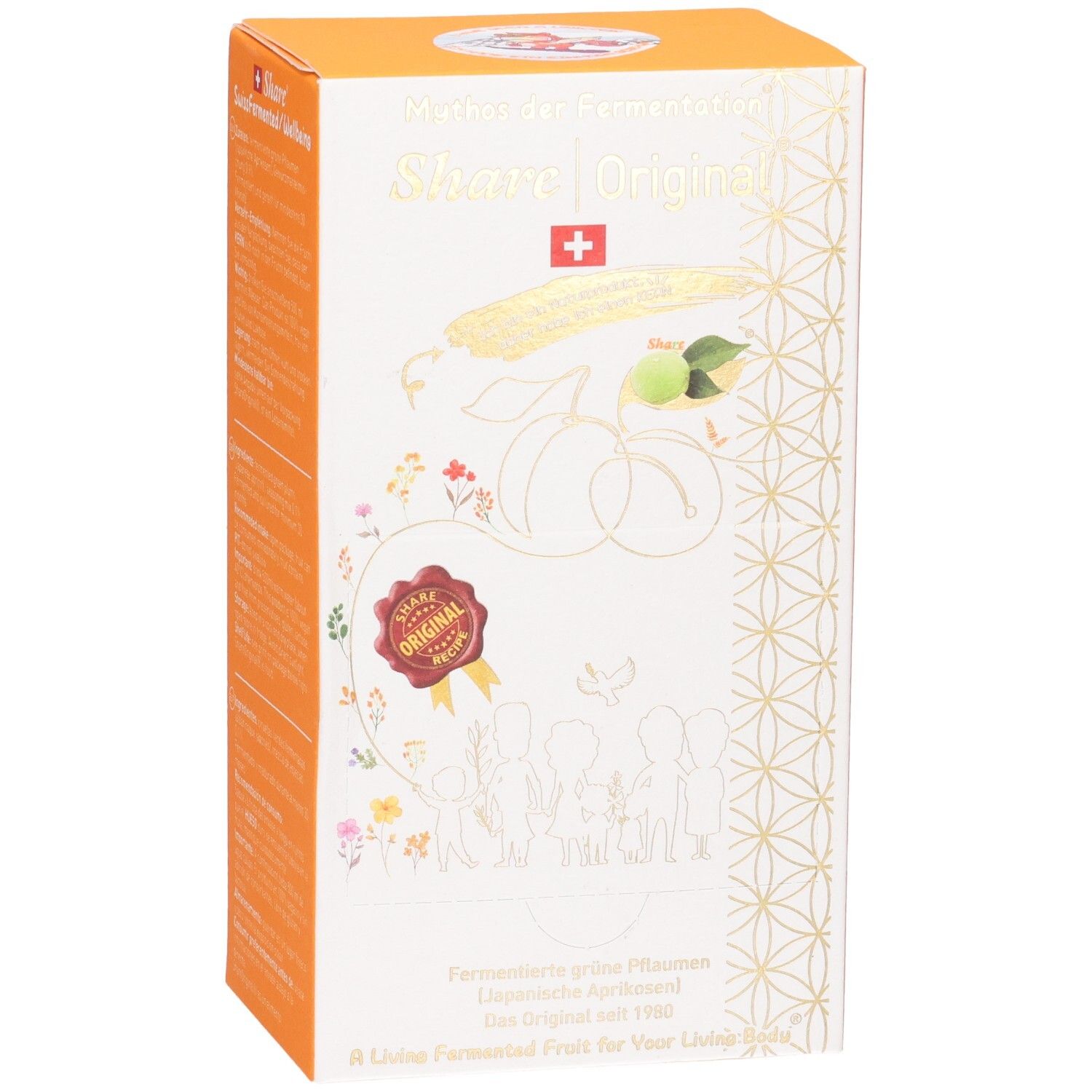 Vorderseite der Share Original Verpackung, Fokus auf die Illustration von Pflaumen und Blumen.