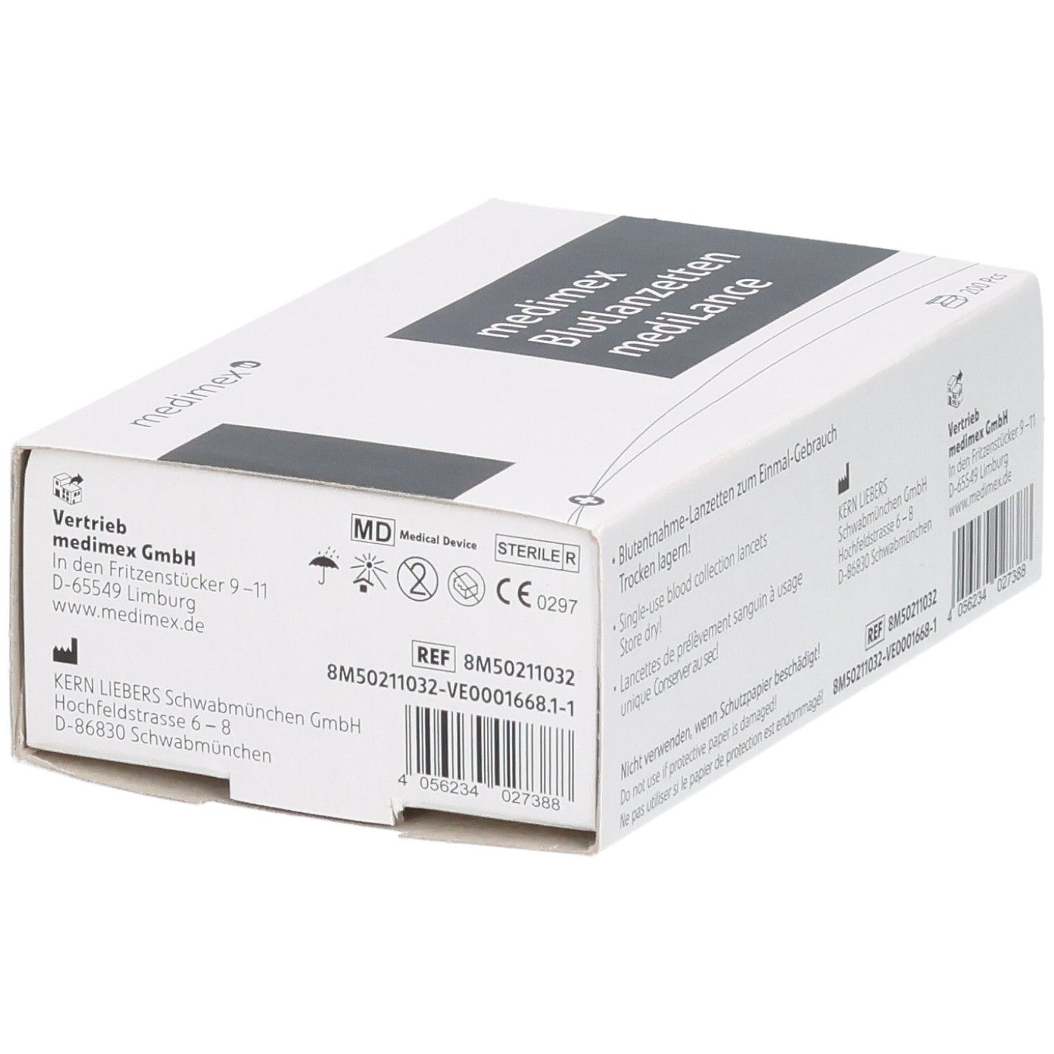 Medimex Blutentnahme-Lanzetten Verpackung mit CE 0297 und MD Siegel.