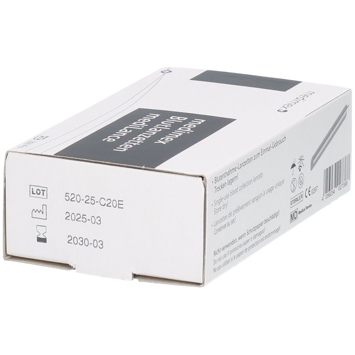 Medimex Blutentnahme-Lanzetten Verpackung mit Chargennummer und Verfallsdatum.
