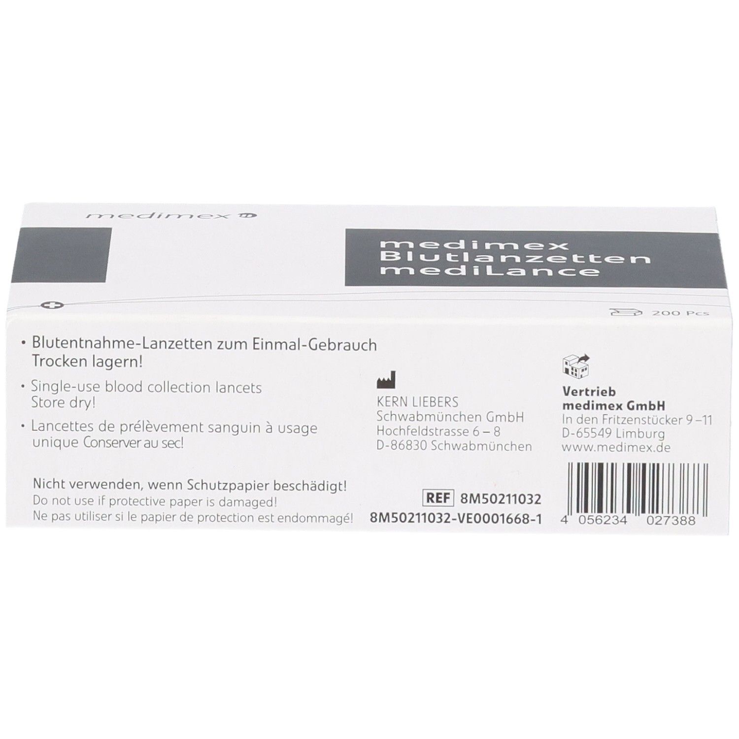 Medimex Blutentnahme-Lanzetten Verpackung mit Herstellerangaben und Barcode.