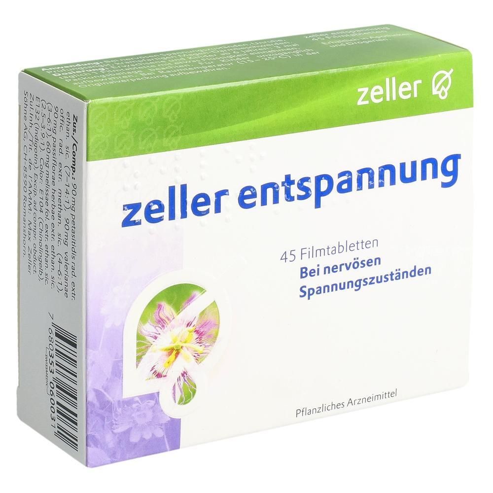 Schachtel mit "zeller entspannung" Filmtabletten. 45 Tabletten. Aufschrift: Bei nervösen Spannungszuständen. Pflanzliches Arzneimittel.