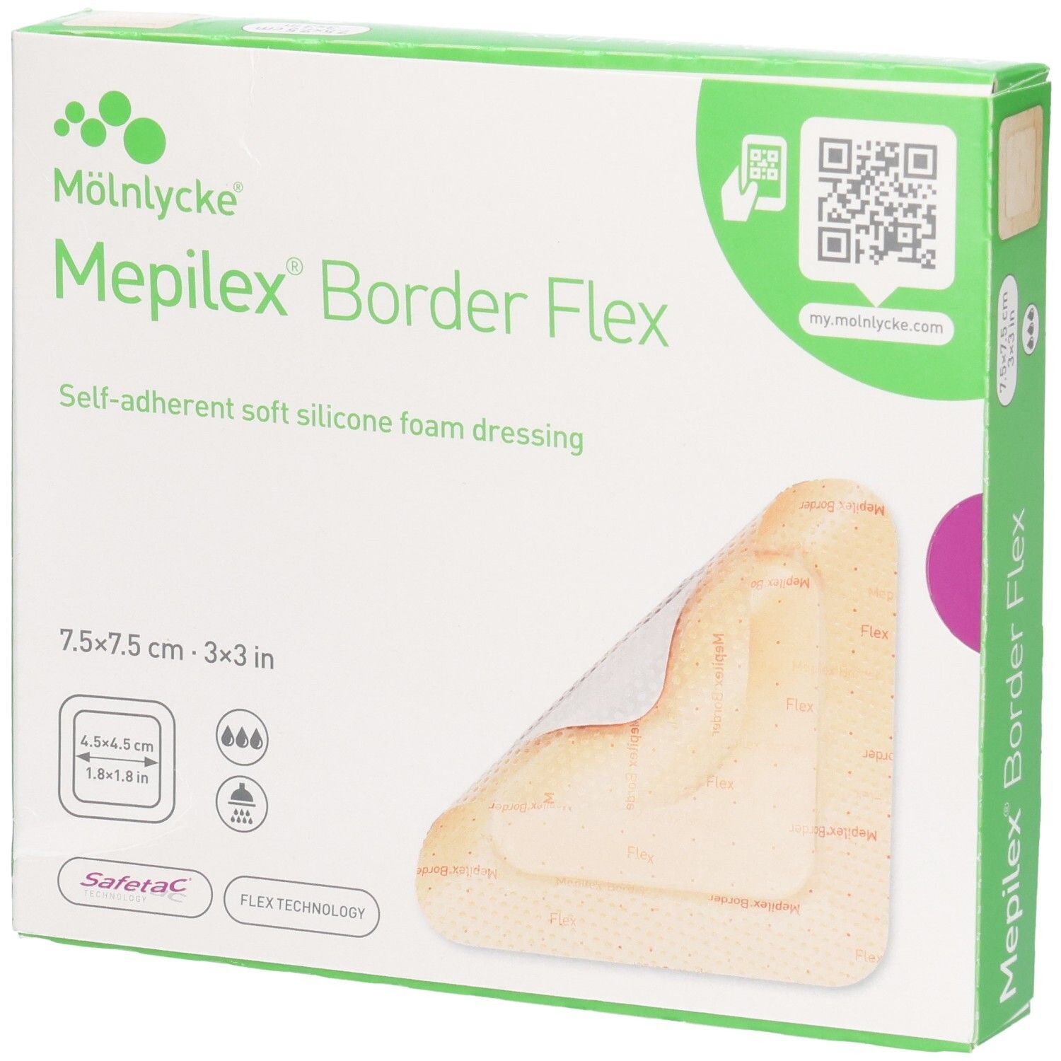 Mölnlycke Mepilex Border Flex Verband 7.5x7.5cm, selbsthaftende Schaumstoffwundauflage.