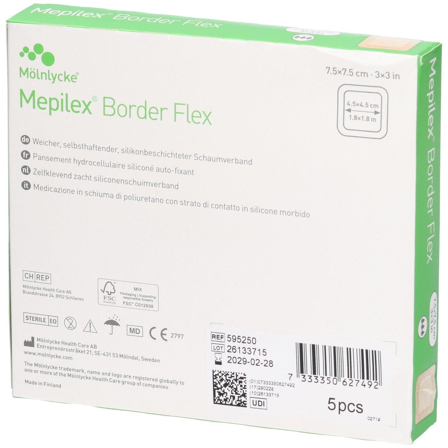 Rückseite der Verpackung: Mölnlycke Mepilex Border Flex, 7.5x7.5cm, 5 Stück, CE-Zeichen.