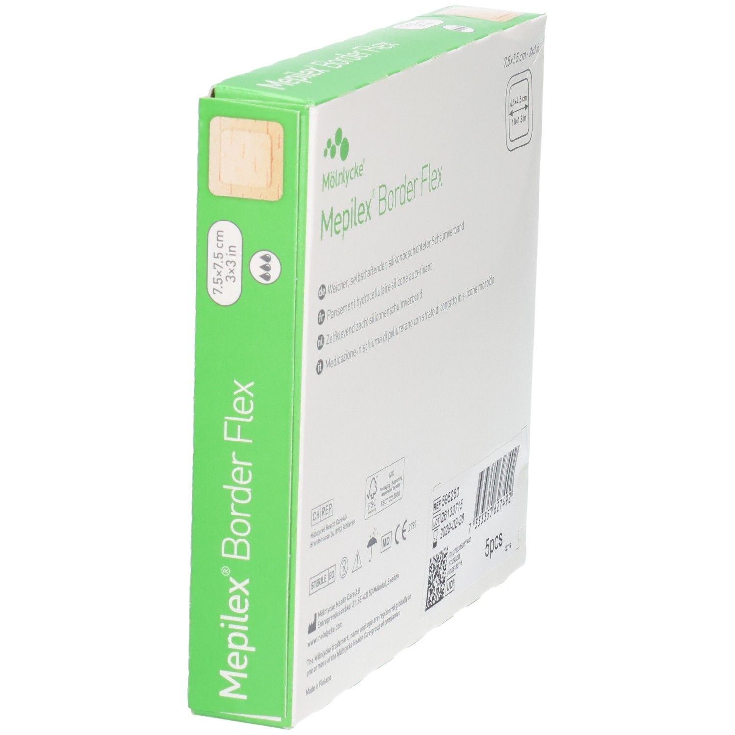 Mölnlycke Mepilex Border Flex Verband 7.5x7.5cm, selbsthaftende Schaumstoffwundauflage.