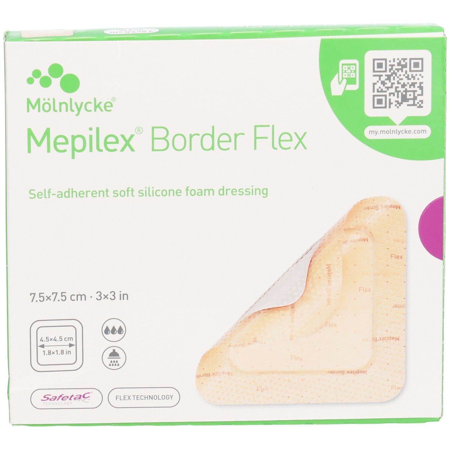 Mölnlycke Mepilex Border Flex Verband 7.5x7.5cm, selbsthaftende Schaumstoffwundauflage.