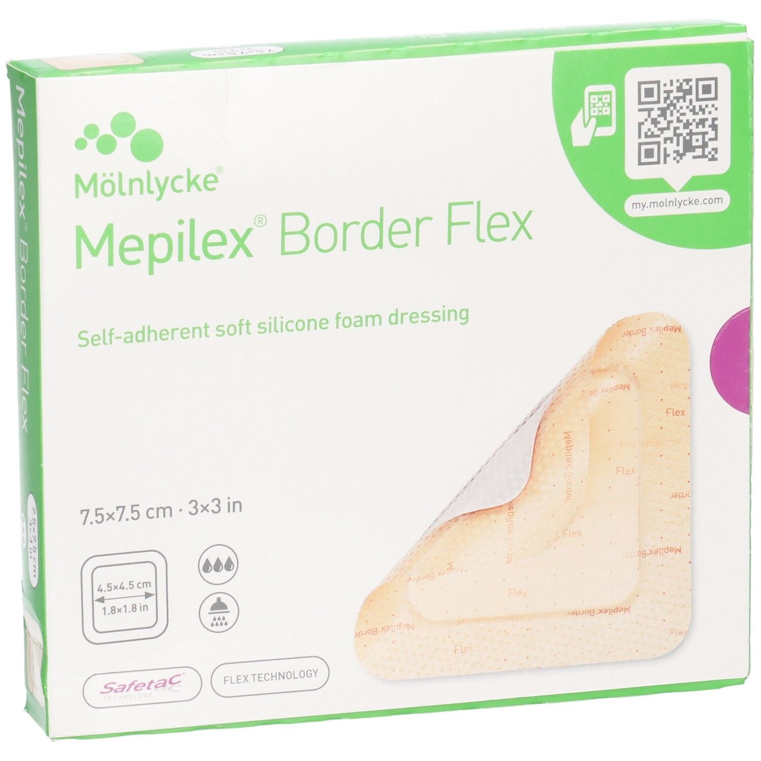 Mölnlycke Mepilex Border Flex Verband 7.5x7.5cm, selbsthaftende Schaumstoffwundauflage.