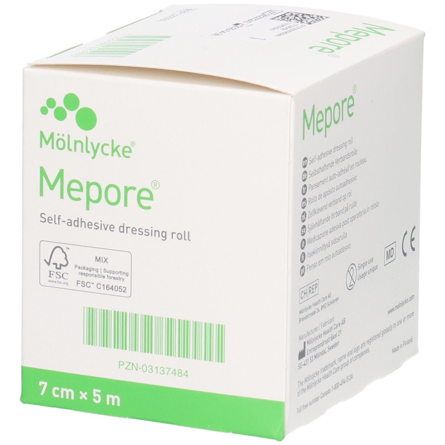 Mepore Verbandrolle, 7cm x 5m, FSC-zertifiziert, mit Barcode.