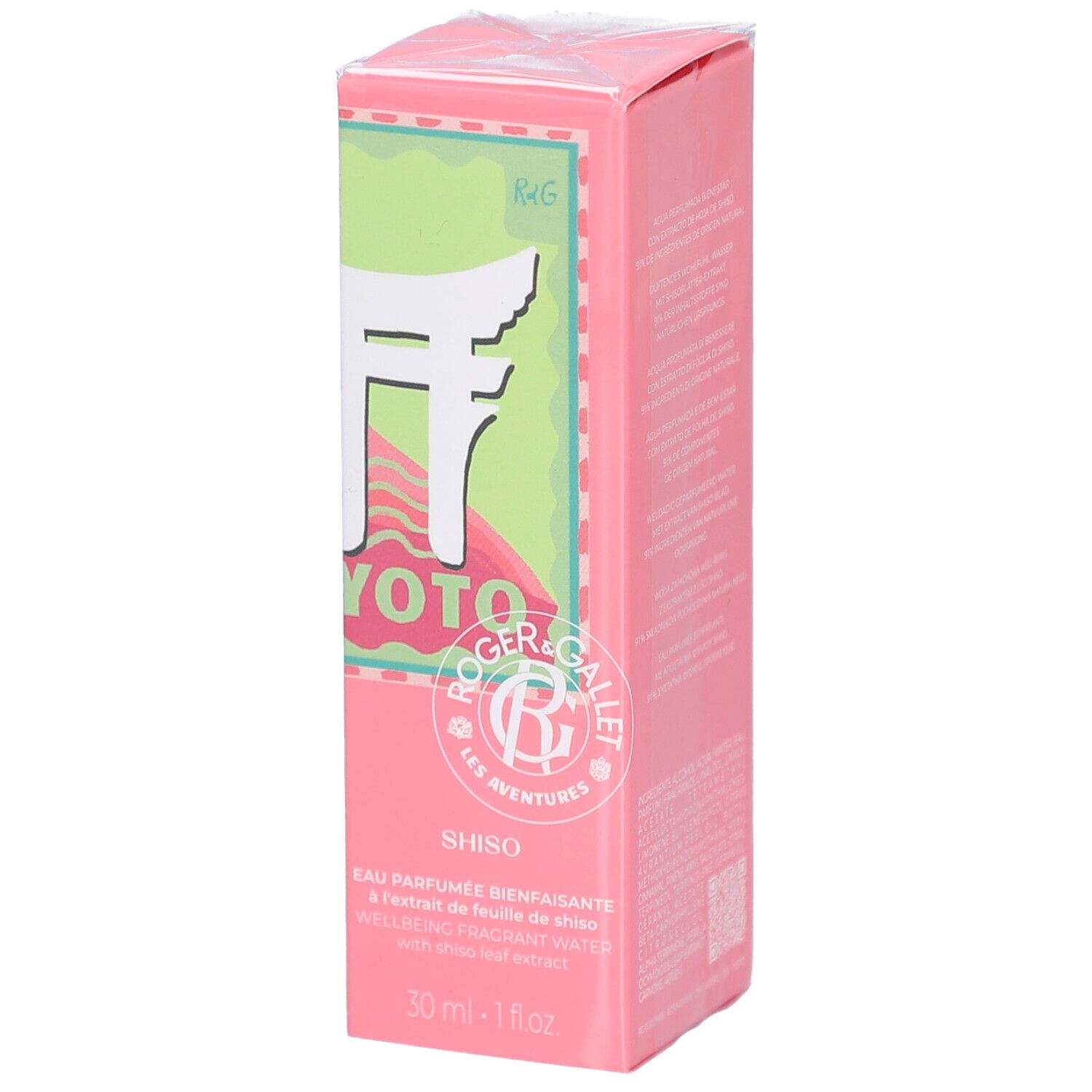 Rosa Schachtel mit Produktinformationen. Aufschrift: Kyoto, Shiso, Eau Parfumée. 30 ml.