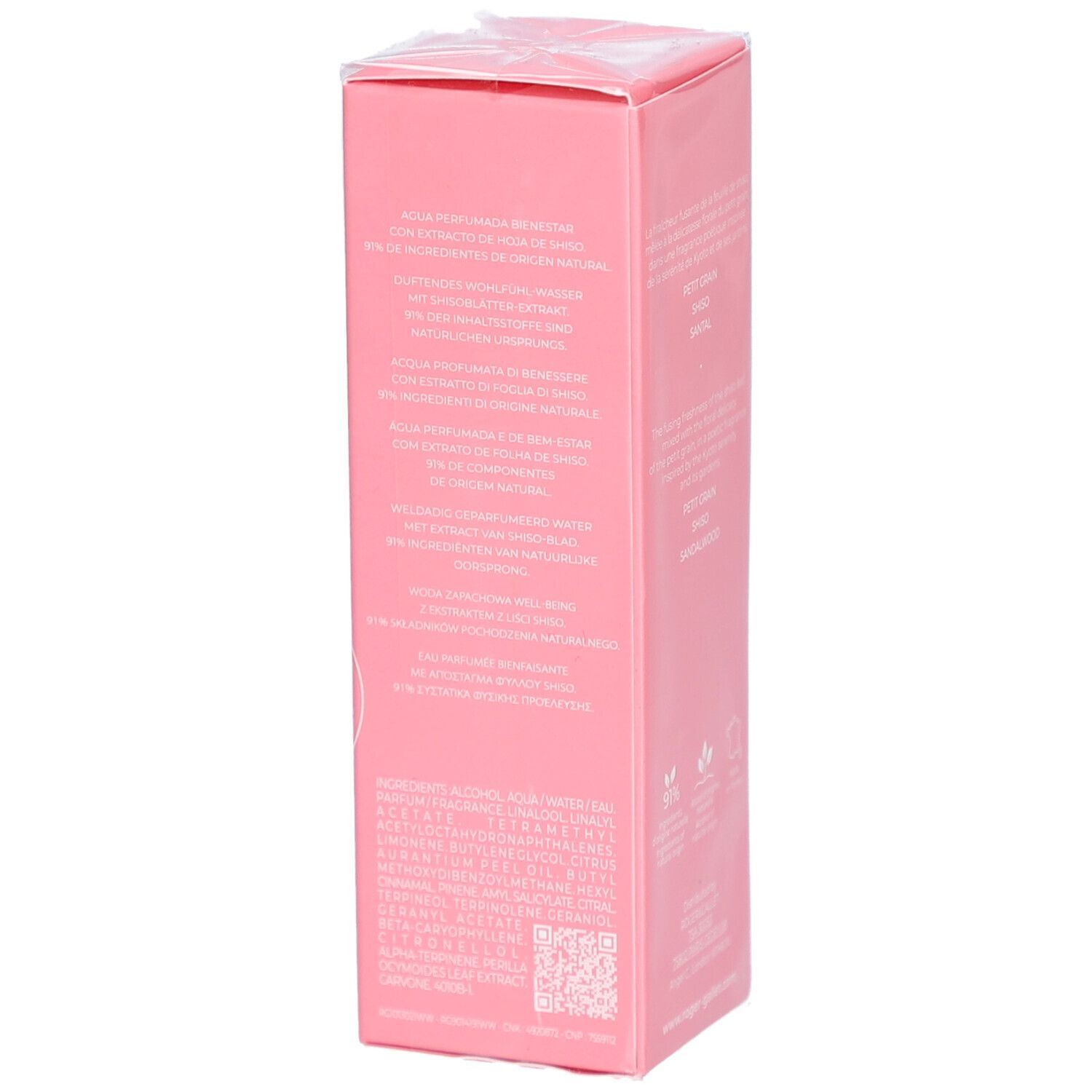 Seite der rosa Schachtel mit Text in mehreren Sprachen. QR-Code und Logos.