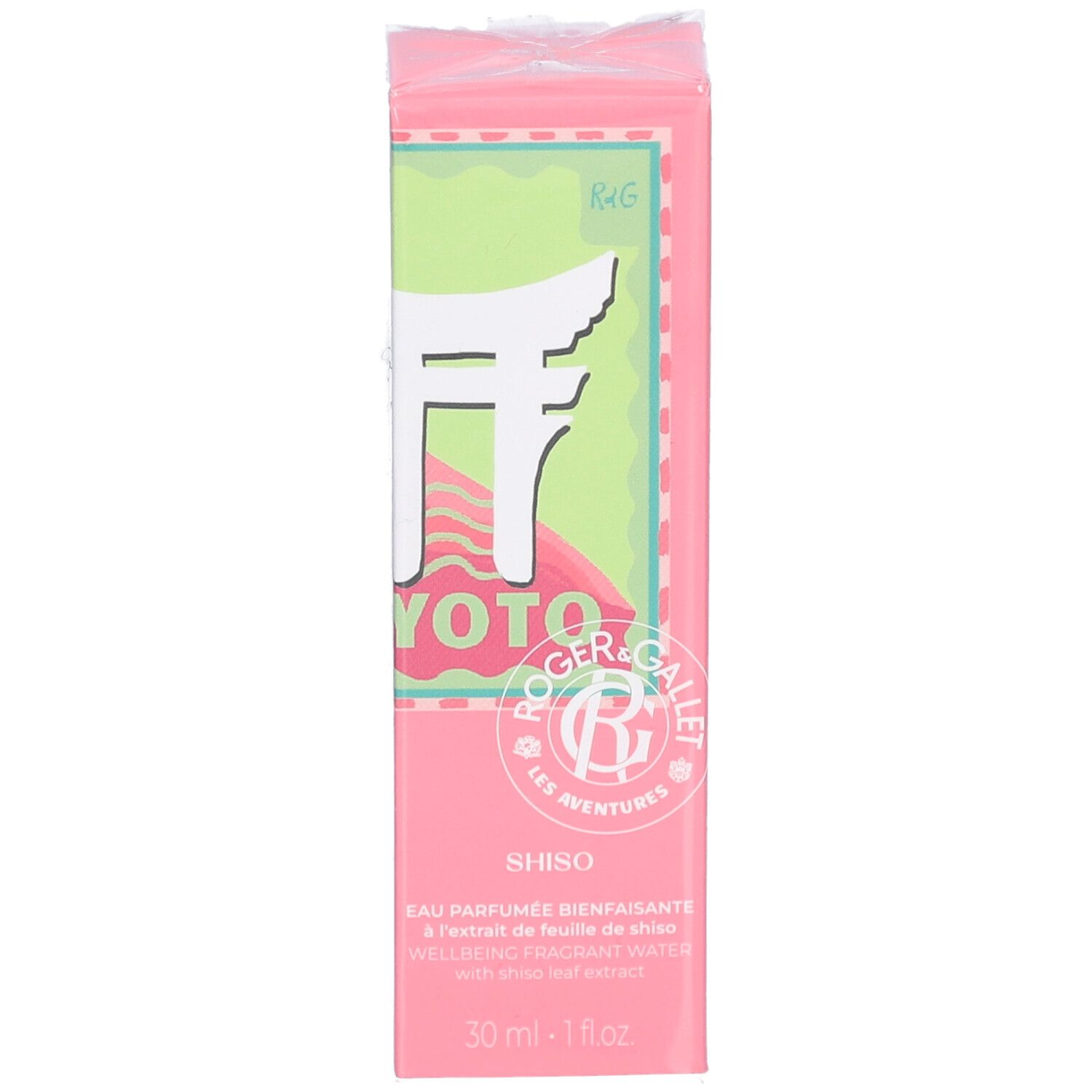 Rosa Schachtel mit Produktinformationen. Aufschrift: Kyoto, Shiso, Eau Parfumée. 30 ml.