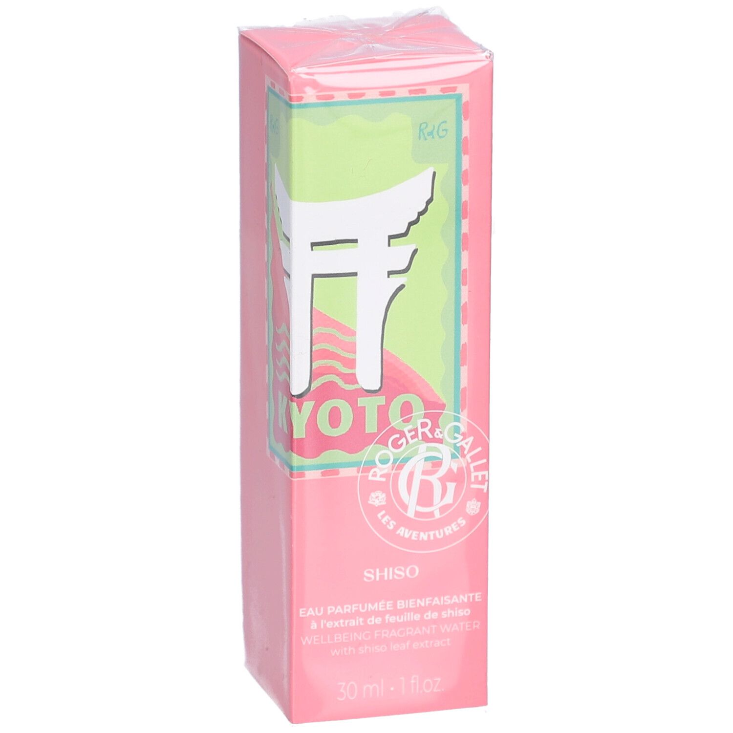 Rosa Schachtel mit Produktinformationen. Aufschrift: Kyoto, Shiso, Eau Parfumée. 30 ml.