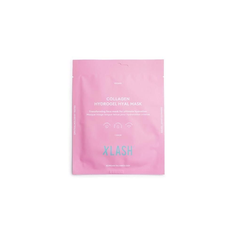 Rosa Verpackung mit Produktnamen und Logo. Schriftzug: COLLAGEN HYDROGEL HYAL MASK. Marke: XLASH. Aufdrucke: Icons, Text.