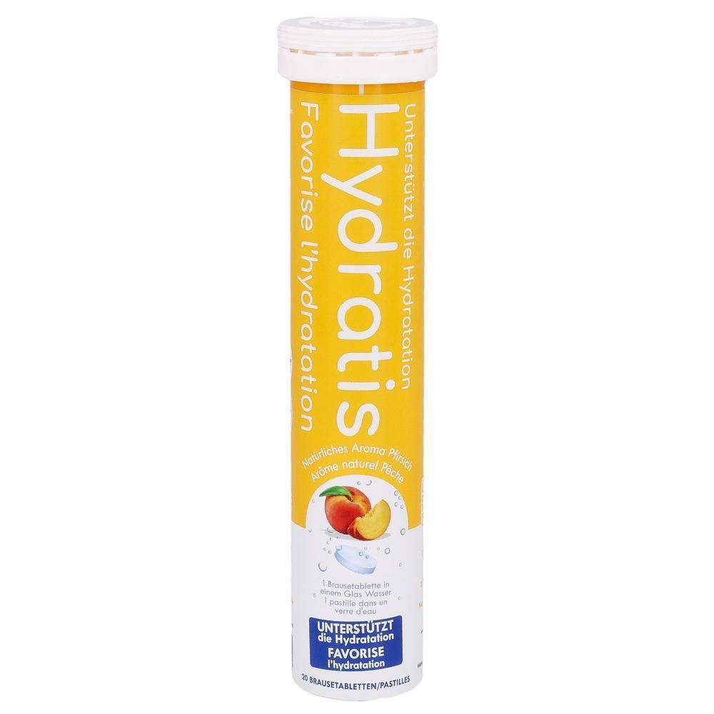 Hydratis Brausetabletten Pfirsich: Gelbe Tube mit weißem Deckel, Aufschrift 'Hydratis', Pfirsich-Abbildung.