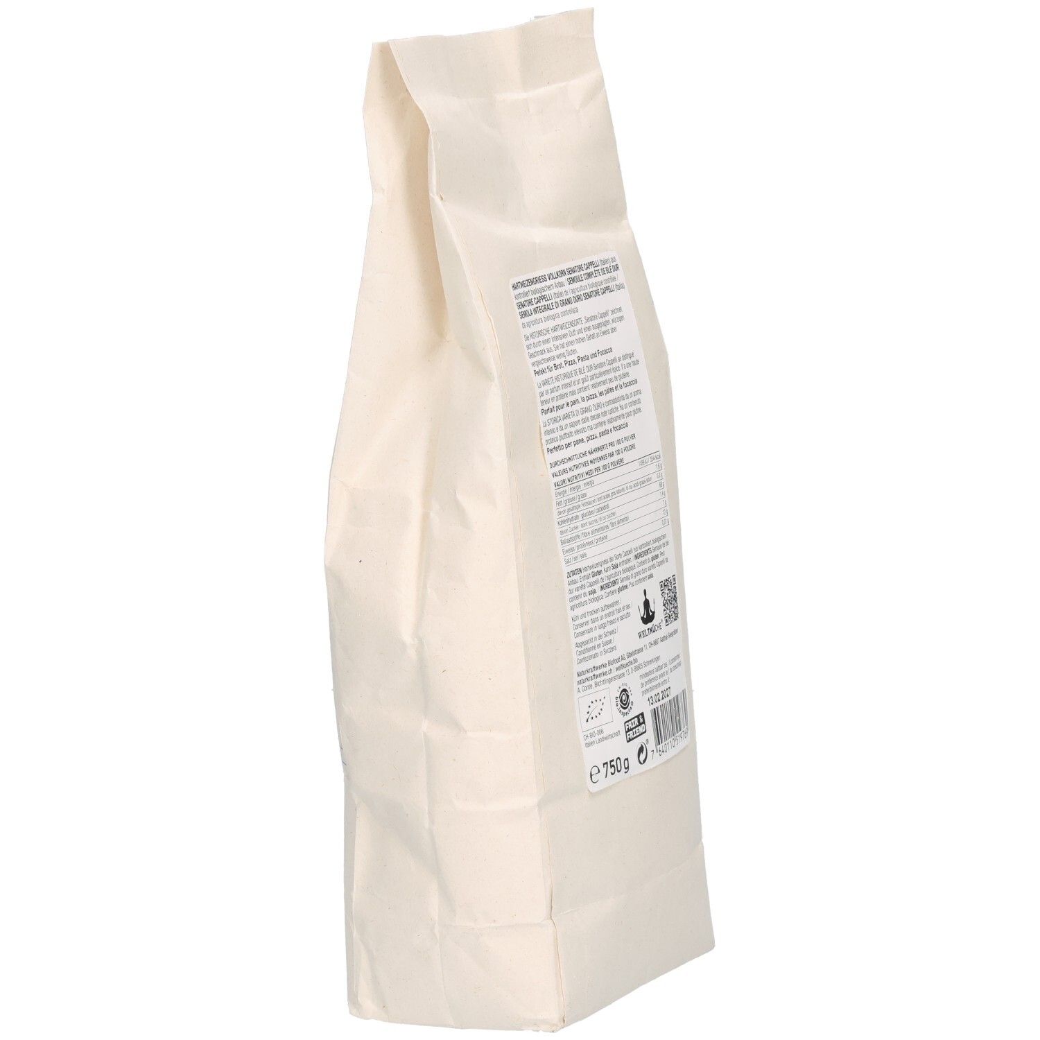 Seitenansicht der NATURKRAFTWERKE Senatore Cappelli Hartweizengriess Packung.