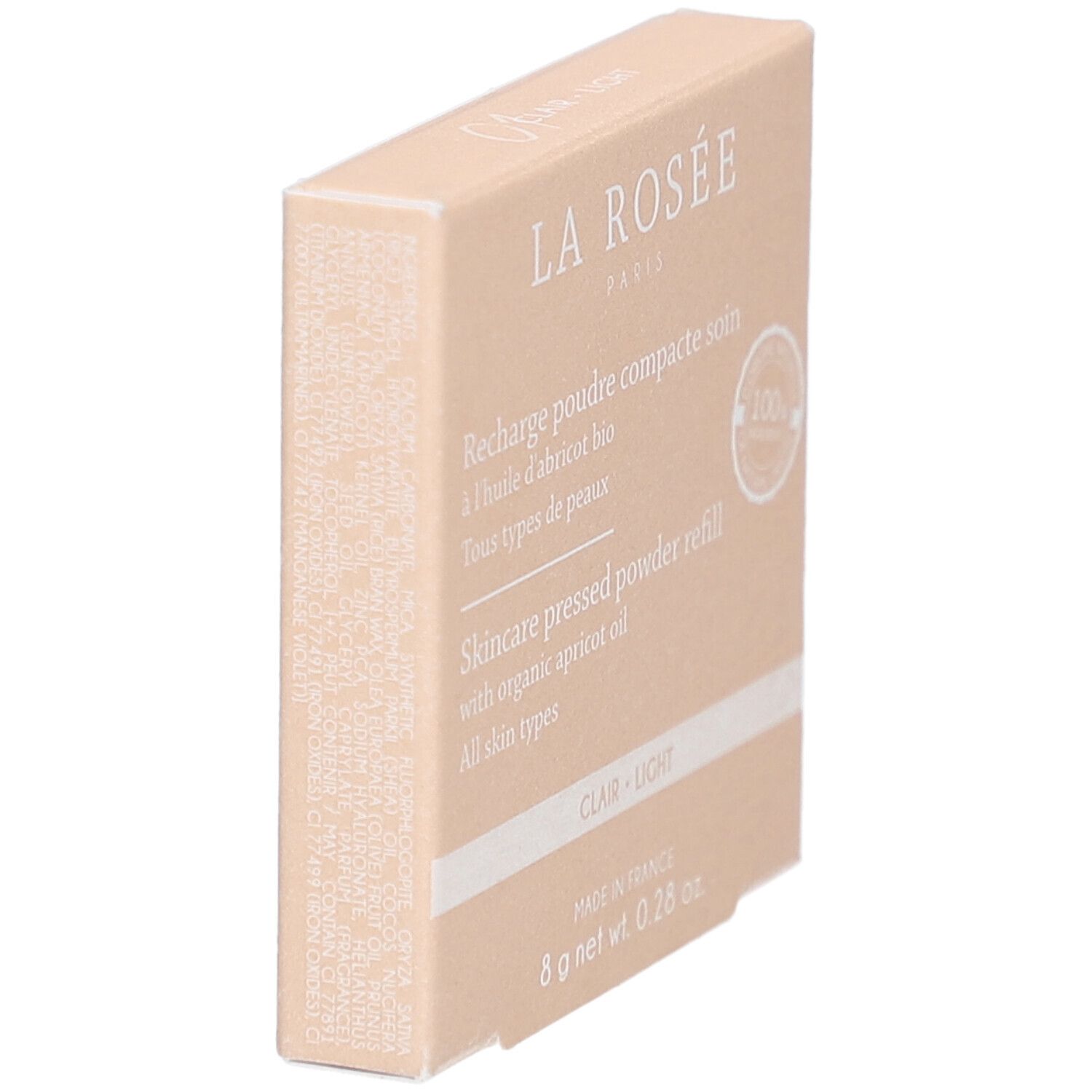 Beige Verpackung der Kompaktpuder-Nachfüllung. Text: La Rosée, Recharge poudre compacte soin, 8 g net wt. 0.28 oz.