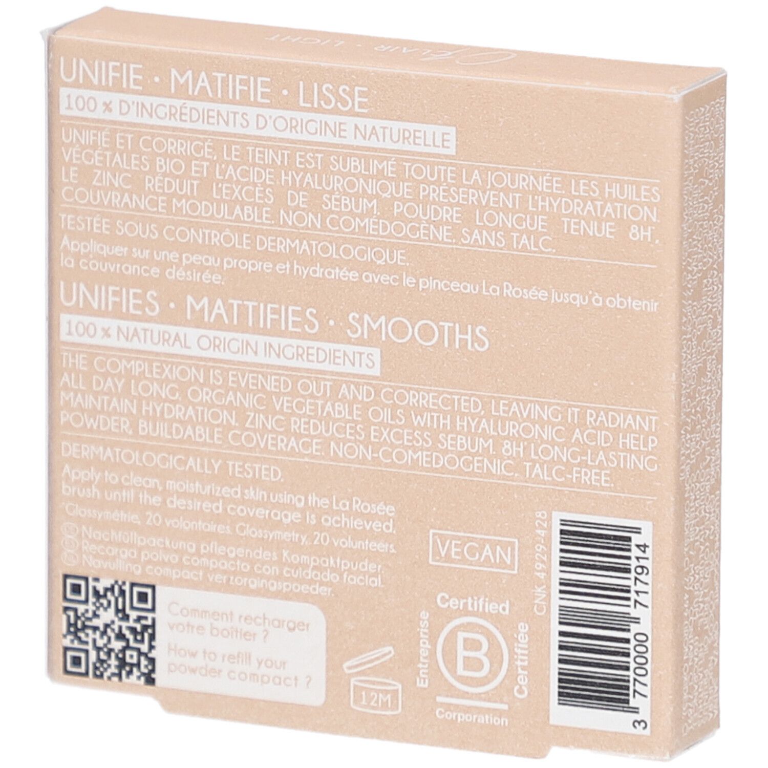 Rückseite der Kompaktpuder-Nachfüllung. Text: Unifie, Matifie, Lisse. 100% Ingrédients d'origine naturelle. Vegan.