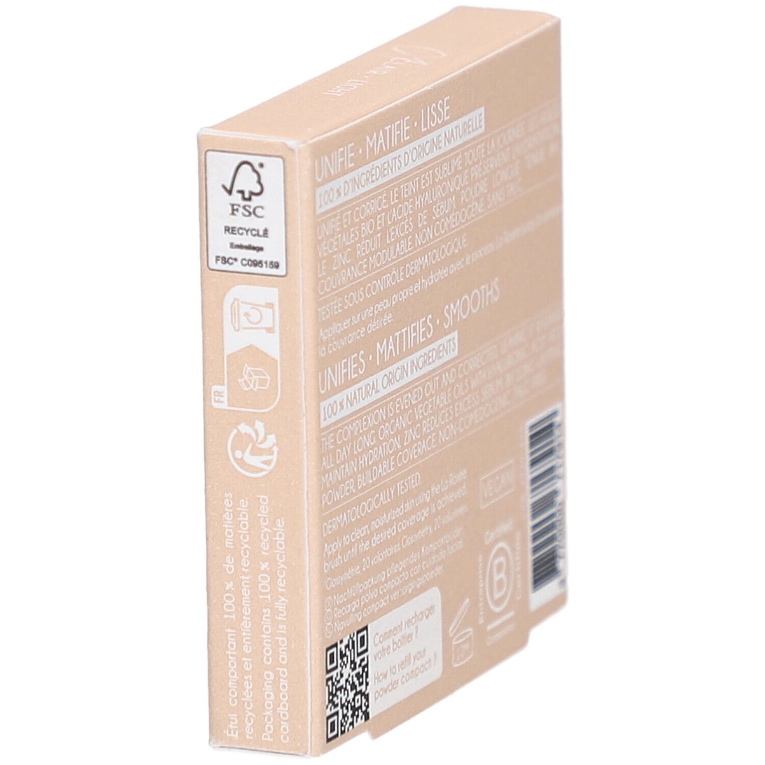 Seitenansicht der Kompaktpuder-Nachfüllung. Text: FSC-Recycling, 100% de recyclé, B Corp.