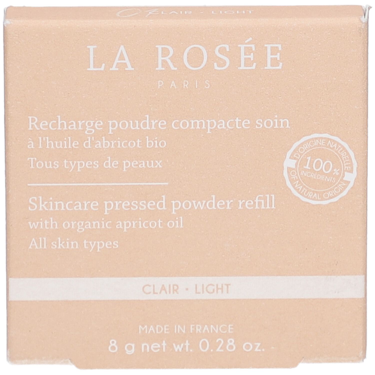 Kompaktpuder-Nachfüllung in beiger Verpackung. Text: La Rosée, Recharge poudre compacte soin, 8 g net wt. 0.28 oz.