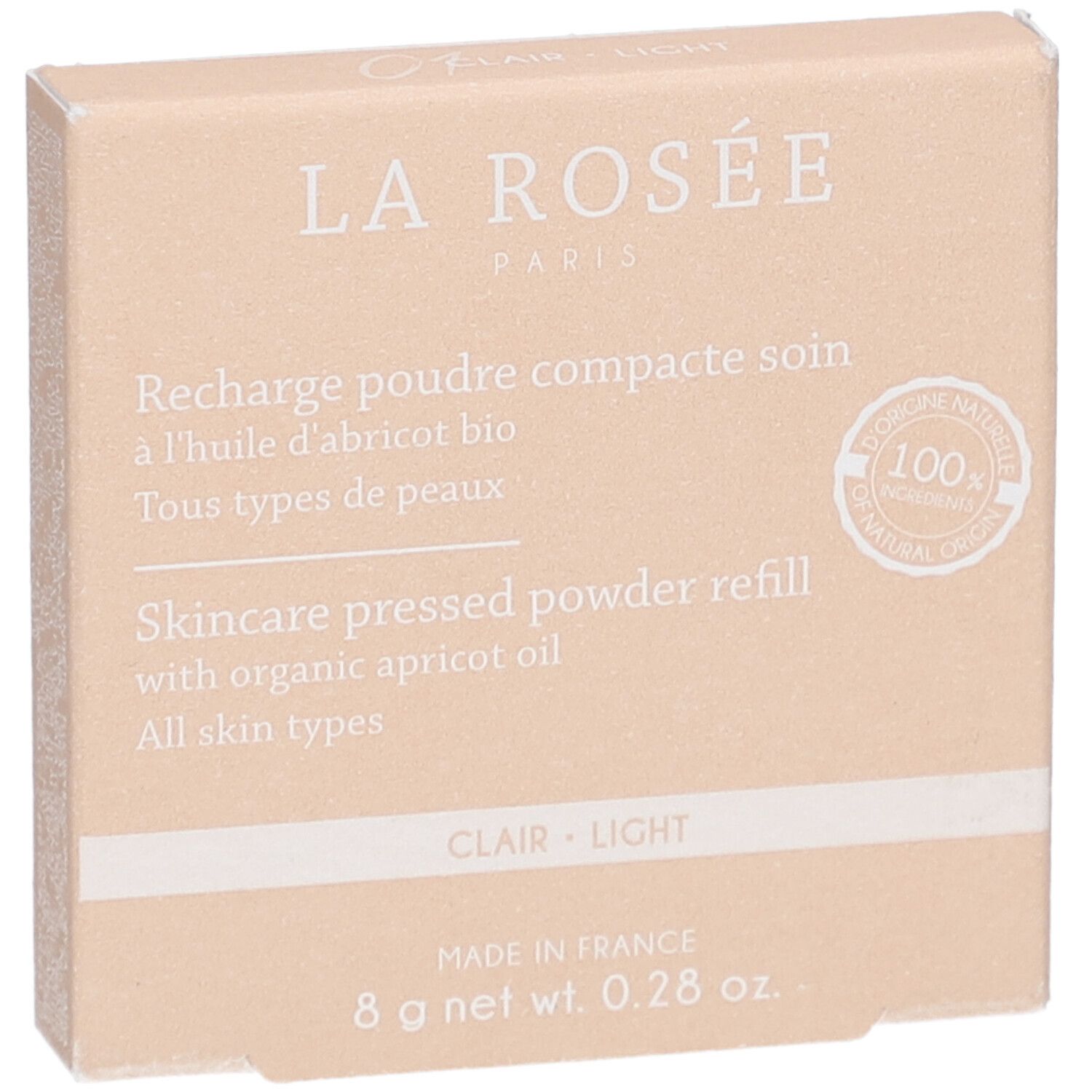 Kompaktpuder-Nachfüllung in beiger Verpackung. Text: La Rosée, Recharge poudre compacte soin, 8 g net wt. 0.28 oz.