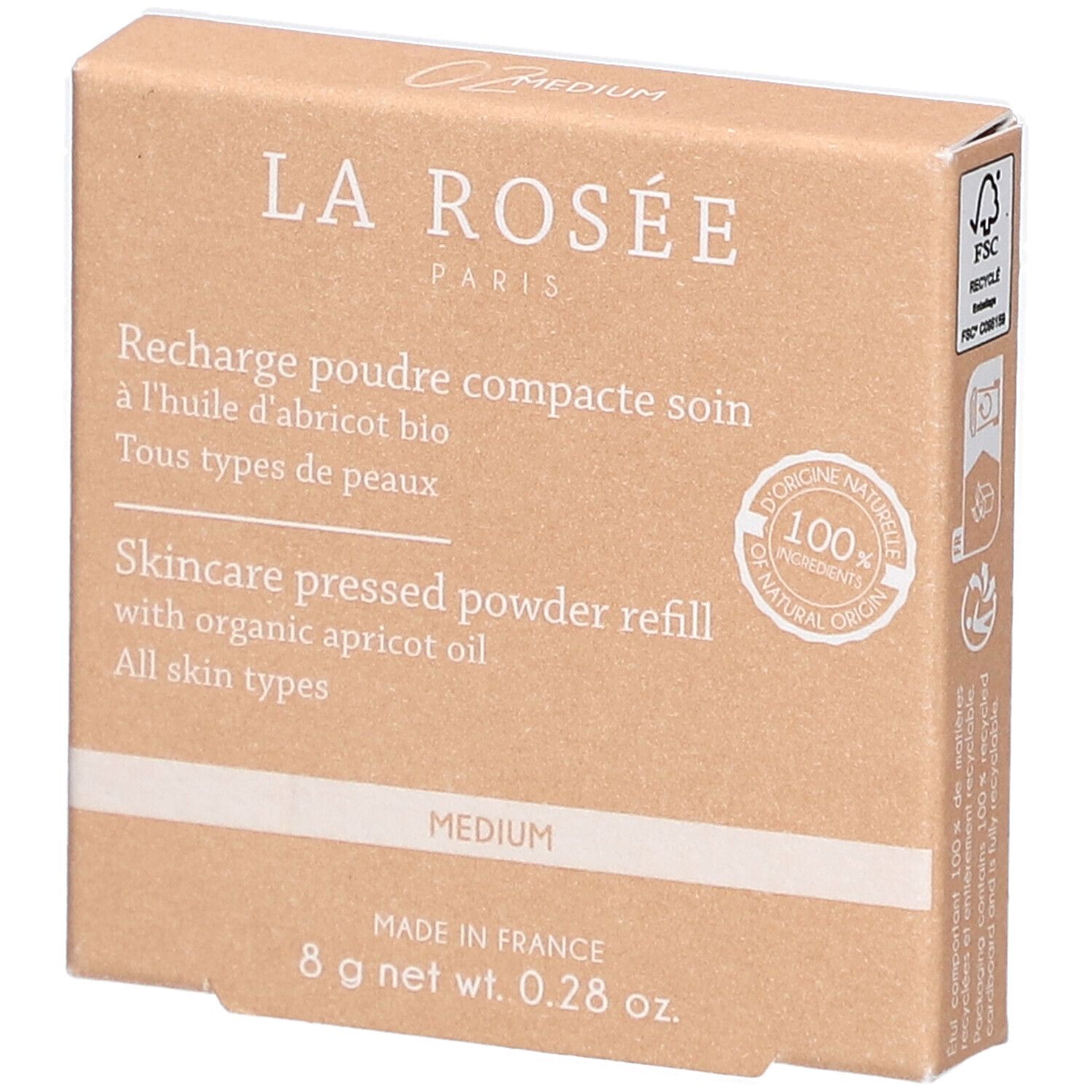 Kompaktpuder-Nachfüllung in Kartonverpackung. Marke La Rosée. Text: Recharge poudre compacte soin. Medium-Farbton. 8 g.